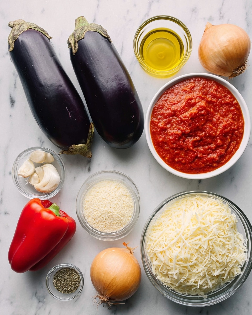 The image shows fresh ingredients for cooking on a white marbled surface. There are two large, dark purple eggplants placed next to a bowl of smooth bright red tomato sauce. Nearby, a large white bowl of shredded pale yellow cheese sits beside smaller glass bowls with light beige grated cheese and breadcrumbs. A round glass container holds clear golden olive oil, and three peeled garlic cloves are near a whole red bell pepper and a whole yellow onion. A small glass bowl contains a mix of dried herbs and salt, completing the fresh and colorful arrangement photo taken with an iphone --ar 4:5 --v 7