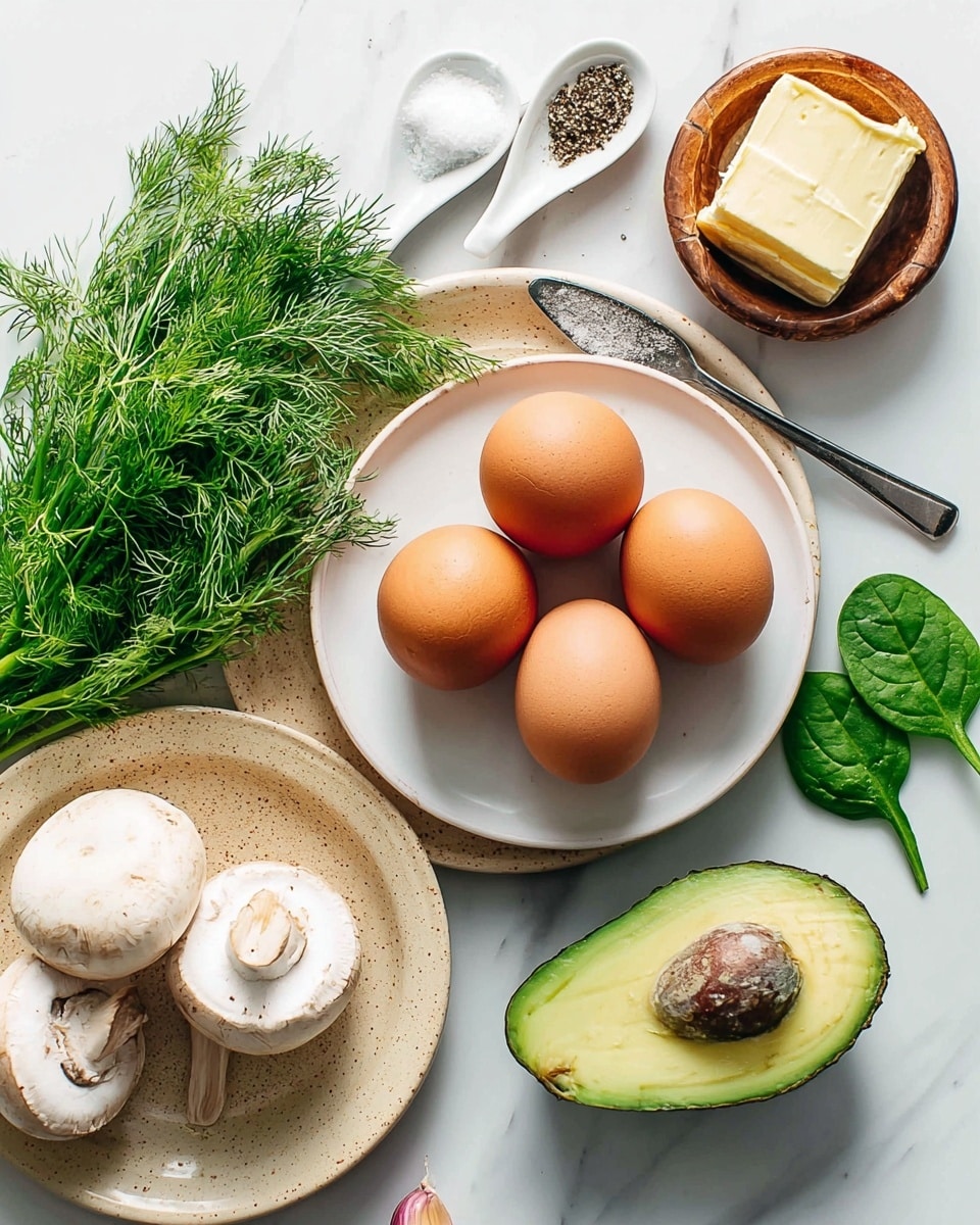 The image shows a top view of cooking ingredients arranged neatly on a white marbled surface. In the center, there is a white plate holding four brown eggs and a bunch of fresh green dill. To the left, a speckled beige plate holds three white mushrooms and half a red onion, with a small rustic brown bowl containing a square piece of butter placed above it. On the right side, there is a halved avocado with light green flesh and a few fresh spinach leaves scattered nearby. Above the main plates, two small white spoons hold coarse salt and black pepper, and two garlic cloves rest nearby. Photo taken with an iphone --ar 4:5 --v 7