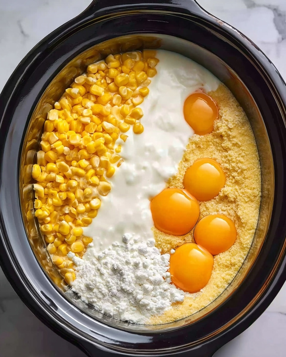The image shows a slow cooker with six visible layers of ingredients arranged side by side but not mixed. On the left, there is a layer of yellow corn kernels with a firm, smooth texture. Next to it is a thick layer of white cream that looks soft and slightly glossy. Beside the cream, there is a layer of pale yellow cornmeal or batter with a grainy texture. To the right, three whole egg yolks with a bright orange color are arranged vertically. At the bottom edge near the yolks, there is a small amount of white powder, possibly a leavening agent, and some granulated sugar. The slow cooker sits on a white marbled surface showing a little bit of the shiny black device. Photo taken with an iphone --ar 4:5 --v 7