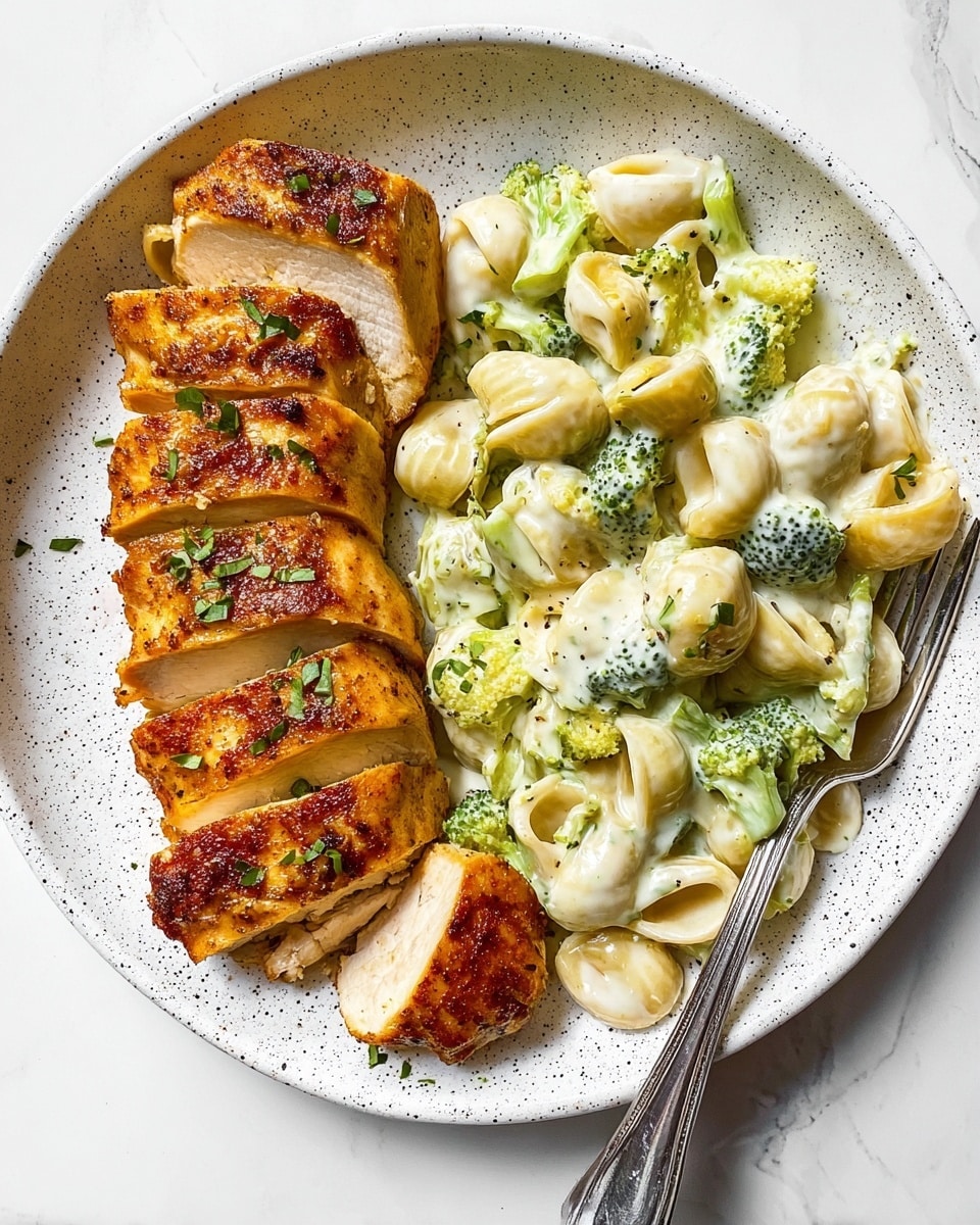A white speckled plate on a white marbled surface holds two main layers: on the left side, sliced cooked chicken with a golden-brown, slightly crispy skin and garnished with small green herbs, arranged in five thick slices stacked closely; on the right side, a creamy mixture of small broccoli florets and shell pasta coated in a smooth white sauce, with the broccoli pieces showing bright green shades and the pasta a pale yellow, a silver fork resting on the edge of the plate; photo taken with an iphone --ar 4:5 --v 7