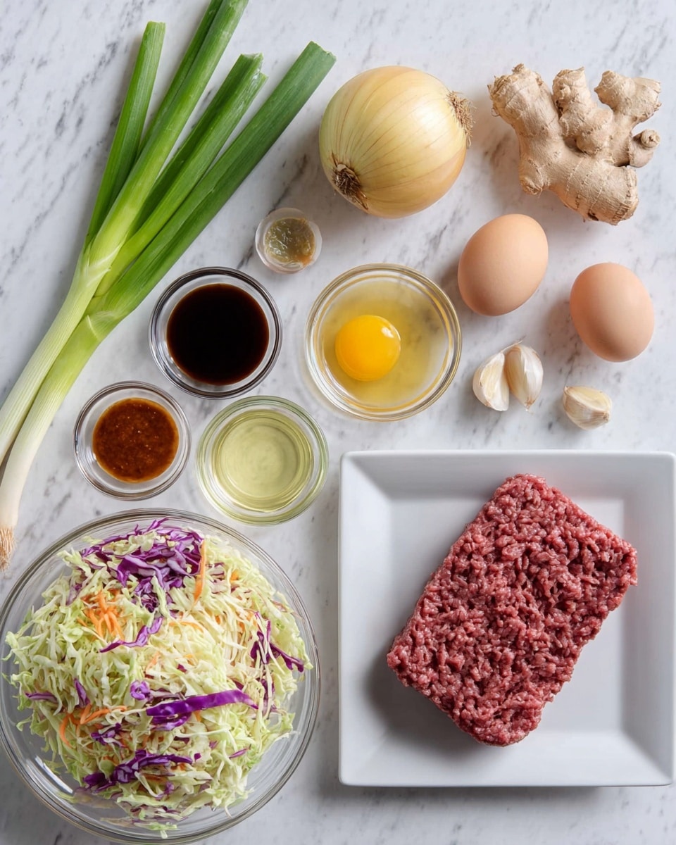The image shows several ingredients laid out on a white marbled surface. In the top left, there are three long green onions next to a whole yellow onion. Below are various small glass bowls: one with clear liquid, one with a dark sauce, one with a yellow liquid, one with a brown sauce, and one with a reddish sauce. There is also a small bowl with three garlic cloves. To the right, two eggs sit in a clear glass bowl, and next to that is a piece of ginger root. On the far right, there is a square white plate holding a rectangular block of raw ground meat with visible texture. At the bottom left, a clear glass bowl is filled with a colorful mix of shredded cabbage, including green, purple, and some orange pieces. Photo taken with an iphone --ar 4:5 --v 7