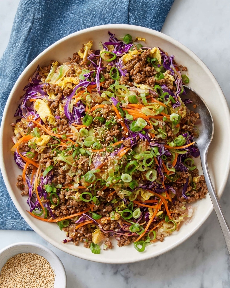 A large white bowl holds a colorful mix with layers of ground brown meat spread evenly as the base, followed by shredded light and dark purple cabbage pieces throughout. Thin orange carrot strips are scattered on top, mixed with small golden-brown cooked egg pieces. Bright green chopped scallions are sprinkled over the whole dish, adding a fresh contrast, along with a light sprinkle of sesame seeds. A silver spoon is placed inside the bowl on the right side, halfway under the food. The bowl sits on a white marbled surface with a small white dish of sesame seeds nearby and a blue cloth underneath the bowl edge photo taken with an iphone --ar 4:5 --v 7