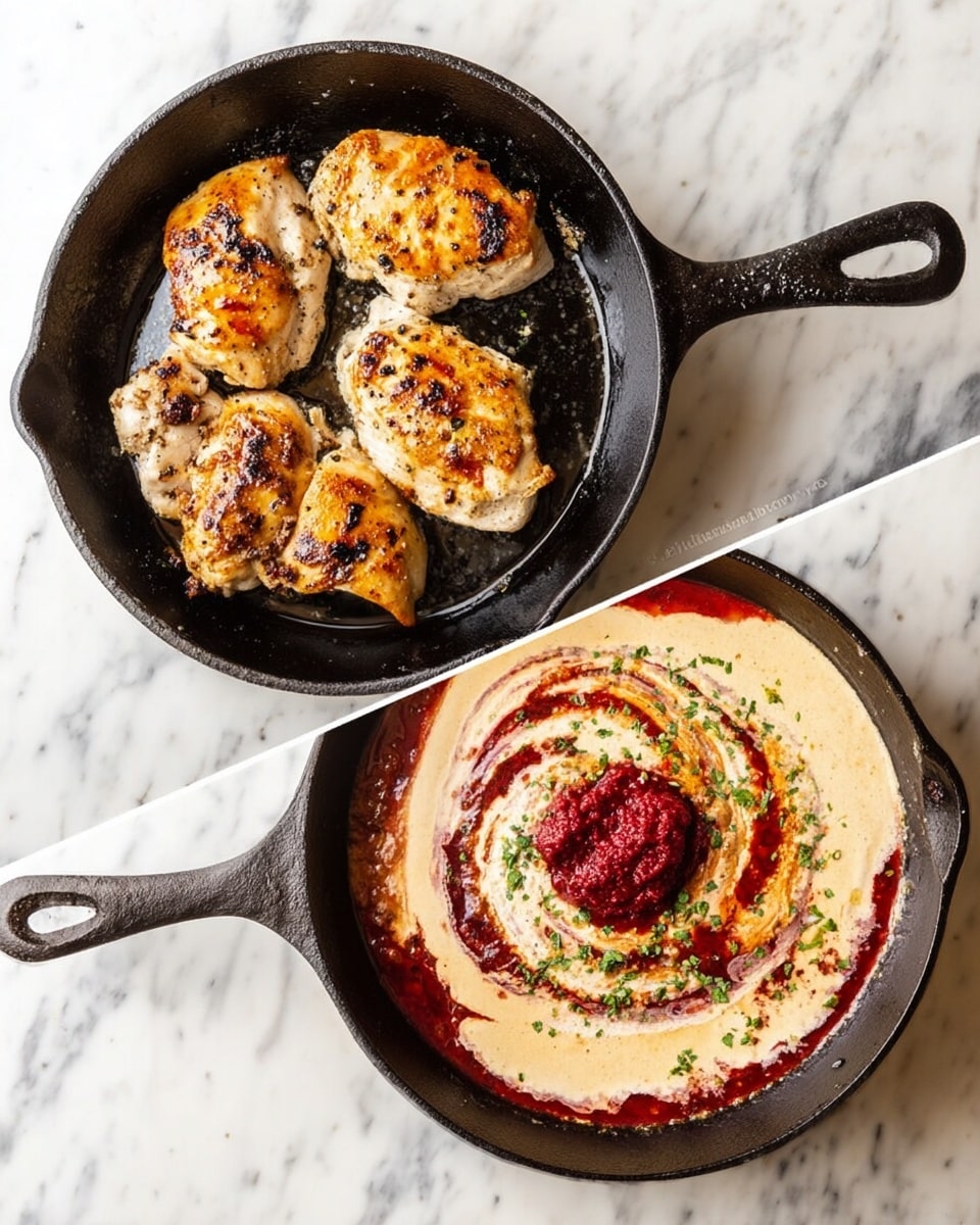The image shows two black cast iron pans on a white marbled surface. The left pan contains four pieces of cooked chicken with a golden-brown color and some grill marks, arranged with one piece near the top and three below in a loose cluster. The right pan holds a thick sauce with layers of cream-colored and deep red colors swirled together, with sprinkled herbs on top and a dollop of red paste in the center. Both pans have visible handles extending towards the bottom of the image. photo taken with an iphone --ar 4:5 --v 7