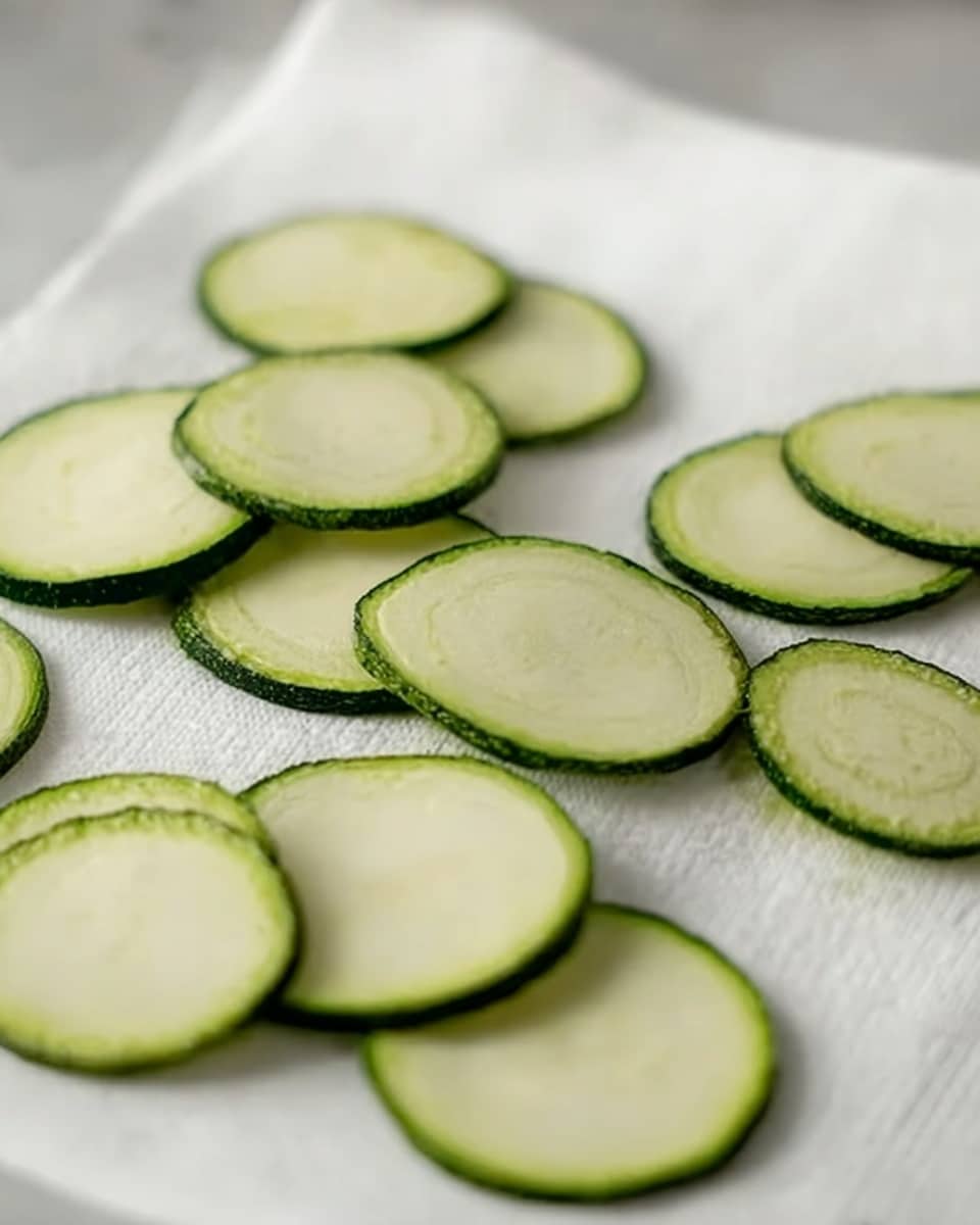 Thin, round slices of green zucchini are placed scattered on white paper towels, showing a fresh, smooth texture with dark green edges and pale green centers. The slices lie flat on a white marbled surface, each piece evenly thin and translucent, capturing light softly. In the background, a blurred hint of a white and grey area adds depth to the image, while a woman's hand lightly touches one slice at the edge. Photo taken with an iphone --ar 4:5 --v 7