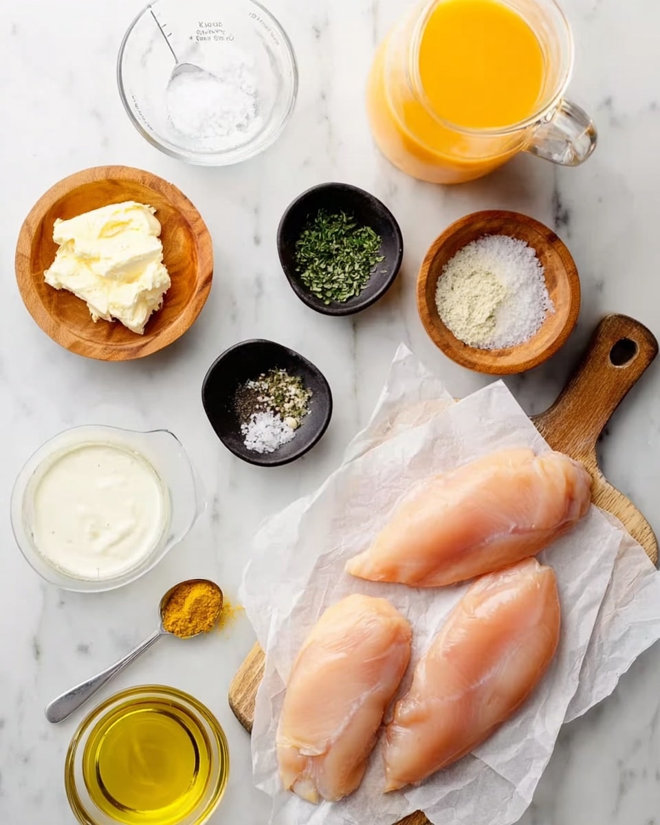 The image shows three raw chicken fillets placed on white parchment paper on a wooden board towards the right side of the frame. Around the chicken, small wooden and black bowls hold different ingredients: a small bowl of softened butter, a bowl with green herbs, a bowl of white powder, a bowl with a mix of salt and pepper, and a clear glass bowl of white creamy sauce towards the bottom. On the top left side, there is a glass measuring cup with a small amount of cream, beside it is a larger glass pitcher filled with orange liquid. Next to the chickens, two small measuring spoons with yellow and white spices are lying on the white marbled surface. A small clear bowl of golden oil is near the bottom left. The bright lighting and clean look highlight the freshness of the ingredients. photo taken with an iphone --ar 4:5 --v 7