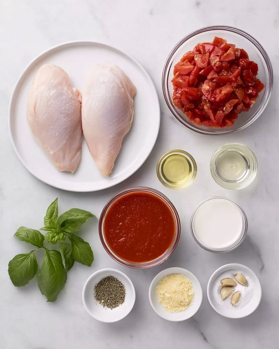 Two raw chicken pieces sit side by side on a white plate at the top left. To the right, there is a transparent bowl filled with chunky red tomatoes, and beside it, a small clear container with light yellow oil. At the bottom left, a clear bowl holds smooth red tomato sauce, next to a few fresh green basil leaves. In the center, a small glass container with white cream or milk is placed below the bowls. Four small white bowls arranged in a row hold yellow minced garlic, white powder flour, green dried oregano, and black pepper. A tiny clear bowl with whole cloves is positioned at the far right. The items are all set on a white marbled surface. Photo taken with an iphone --ar 4:5 --v 7
