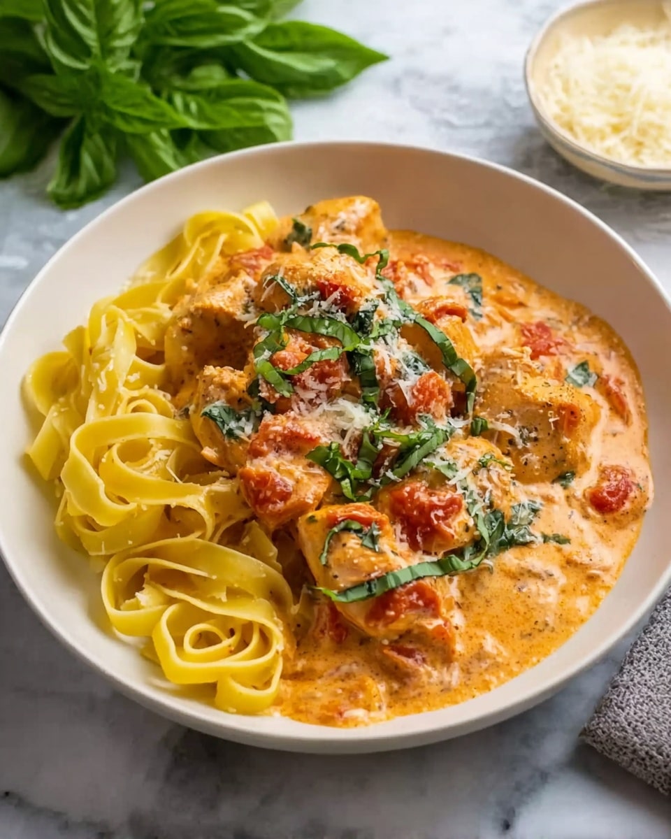 A white bowl holds a bed of yellow fettuccine noodles loosely piled on one side, with a layer of creamy orange sauce covering pieces of cooked chicken on the other side. The sauce, dotted with small red tomato chunks, is topped with thin strips of fresh green basil and a light sprinkle of grated white cheese. The bowl sits on a white marbled surface with a small green basil bunch and a round bowl of grated cheese in the background. Photo taken with an iphone --ar 4:5 --v 7