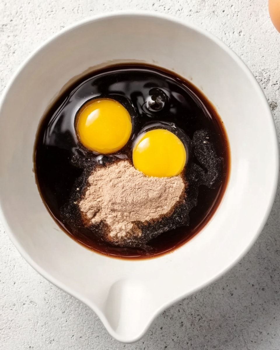 A white bowl sits on a white marbled surface, filled with three main layers. At the bottom is a dark brown liquid with a shiny texture, covering most of the bowl's base. On top of this liquid are two bright yellow egg yolks, sitting side by side. Surrounding these yolks, there is a ring of light brown powder that floats on the dark liquid. The bowl also has a small spout for pouring. Photo taken with an iphone --ar 4:5 --v 7