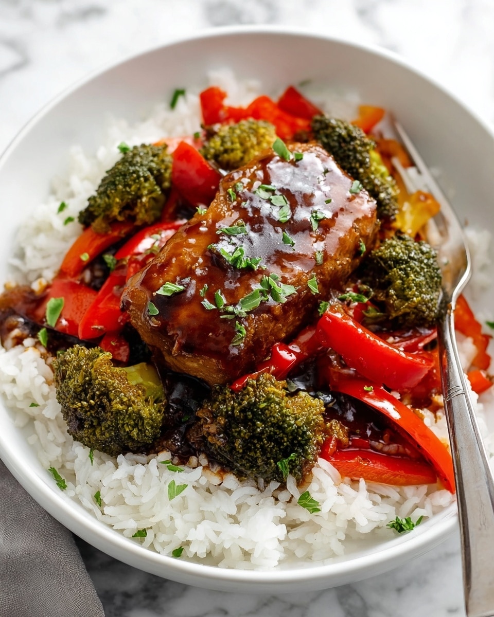A white bowl filled with a layer of white rice at the bottom, topped with a piece of glazed cooked meat in the center. Around the meat are bright red pepper strips and small broccoli florets, all coated in a shiny dark brown sauce. The dish is garnished with small chopped green herbs scattered on top. A fork rests inside the bowl on the right side, and the bowl is placed on a white marbled surface. Photo taken with an iphone --ar 4:5 --v 7
