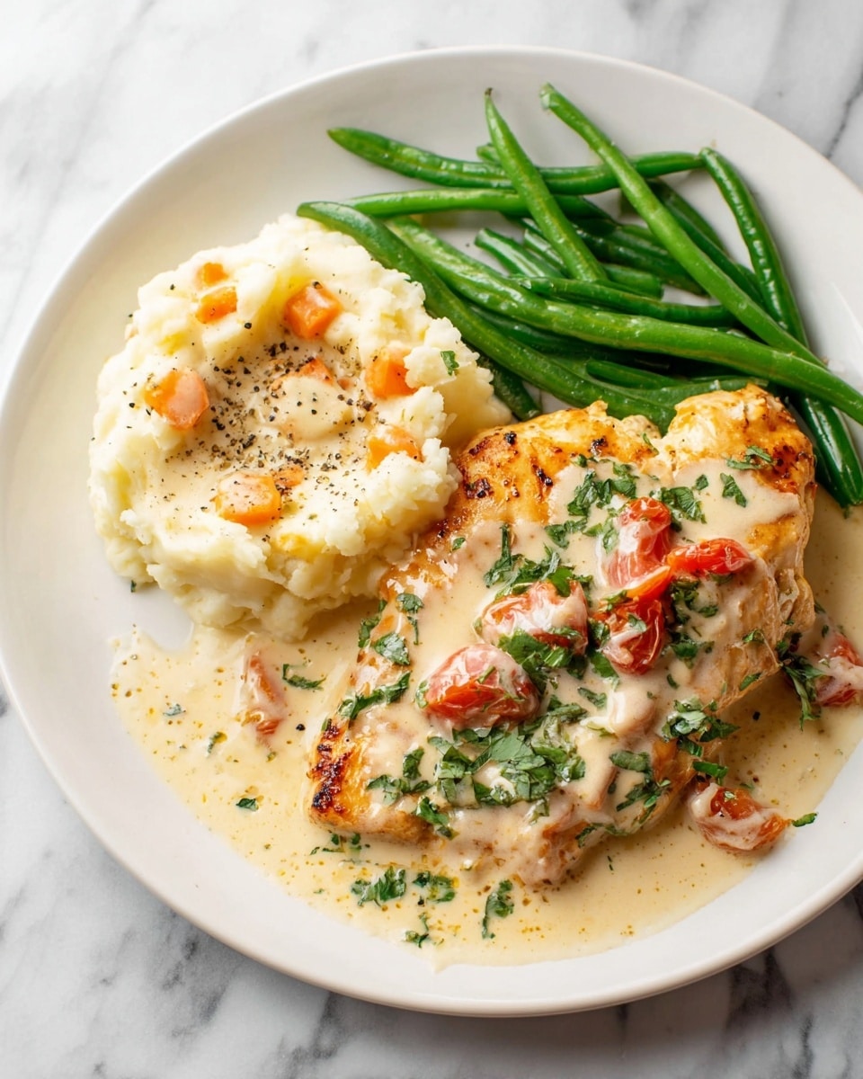 The dish is served on a white plate placed on a white marbled surface. It has three main parts: to the left, a creamy mashed potato scoop with small pieces of orange carrot and green herbs mixed in, topped lightly with black pepper and some sauce pooling around; in the middle back, bright green cut green beans coated lightly with a white creamy sauce; to the front right, a golden-brown cooked chicken piece covered with a white creamy sauce that also has small pieces of red tomato and green herbs scattered on top and around. The sauce spreads a little across the plate, tying the components together. Photo taken with an iphone --ar 4:5 --v 7
