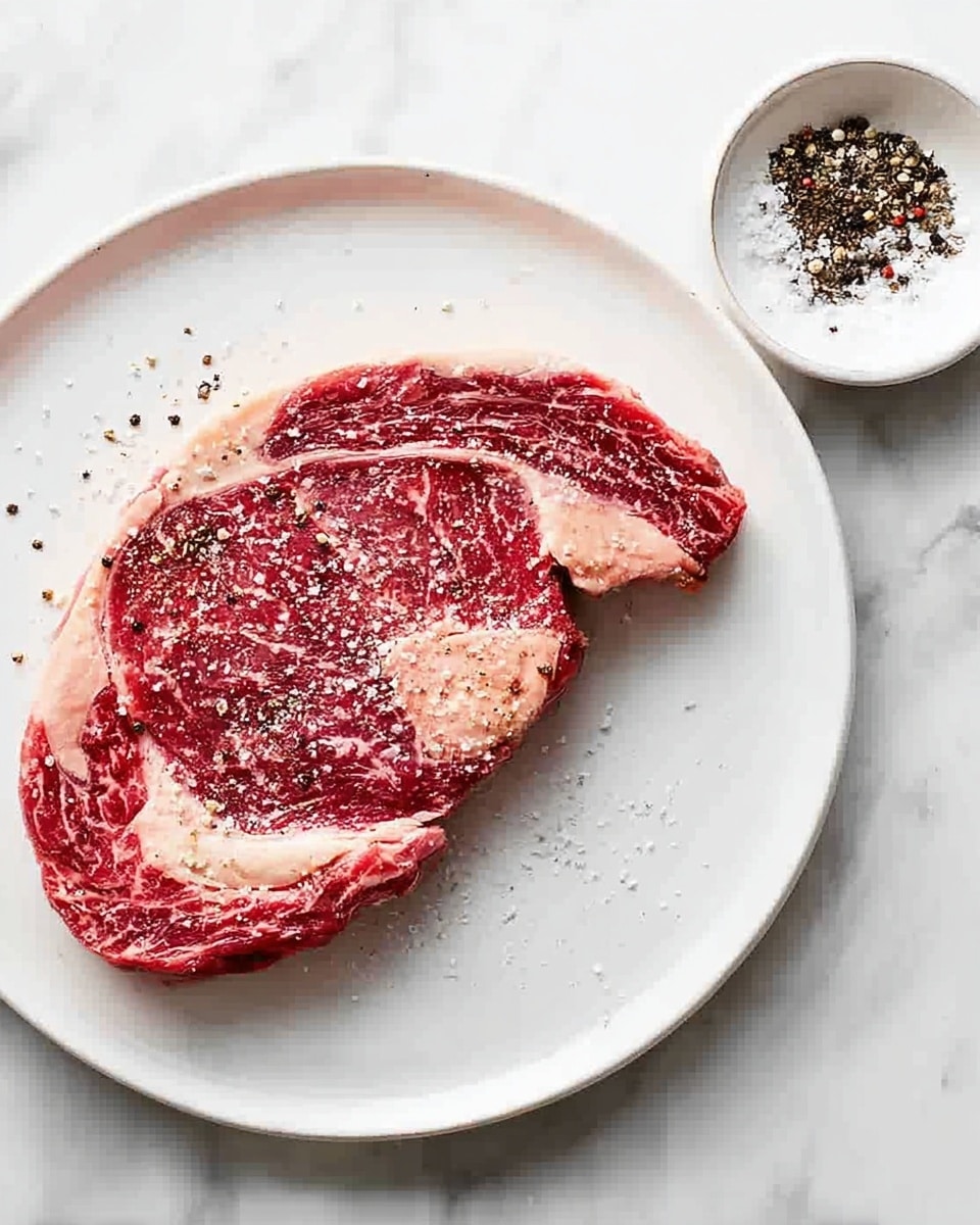 A raw ribeye steak with visible marbling and a light layer of white fat on the edges lies flat on a white plate. The steak is sprinkled with coarse black pepper and some salt. To the right, there is a small round white bowl with more coarse salt and cracked black pepper. The whole setup is on a white marbled surface. photo taken with an iphone --ar 4:5 --v 7
