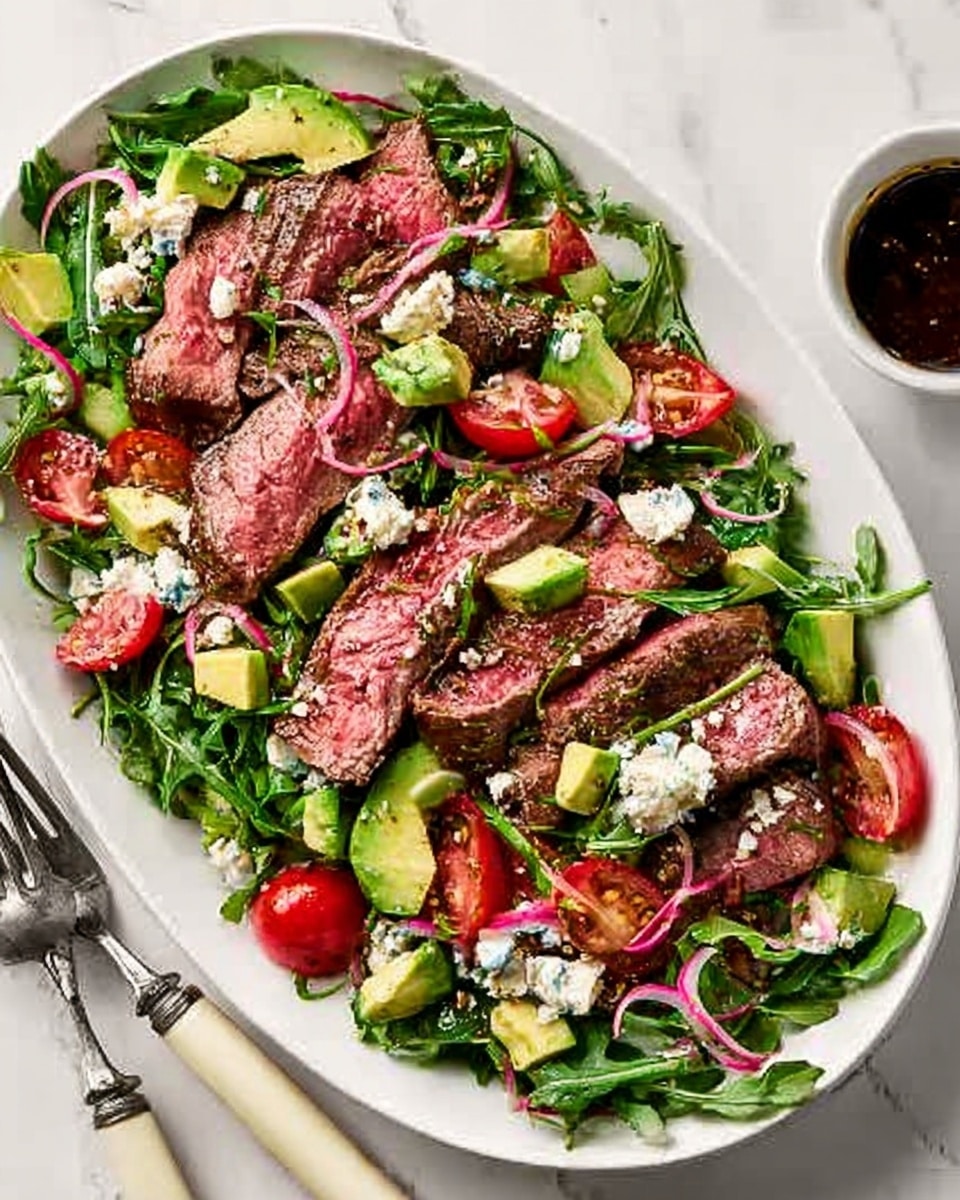 The dish is a salad served in a white oval plate placed on a white marbled surface. The base layer consists of fresh green arugula leaves spread evenly. On top, medium-rare sliced steak pieces with pink centers and seared edges are scattered. Cherry tomato halves, bright red and juicy, are placed among diced green avocado chunks. Small bits of white cheese and thin pink pickled onions add variety across the salad. The texture of the steak looks tender and slightly juicy, while the greens provide a fresh crisp look. Two cream-handled forks rest on the edge of the plate, ready to serve, and a small bowl of dark dressing sits partially visible beside the plate. photo taken with an iphone --ar 4:5 --v 7