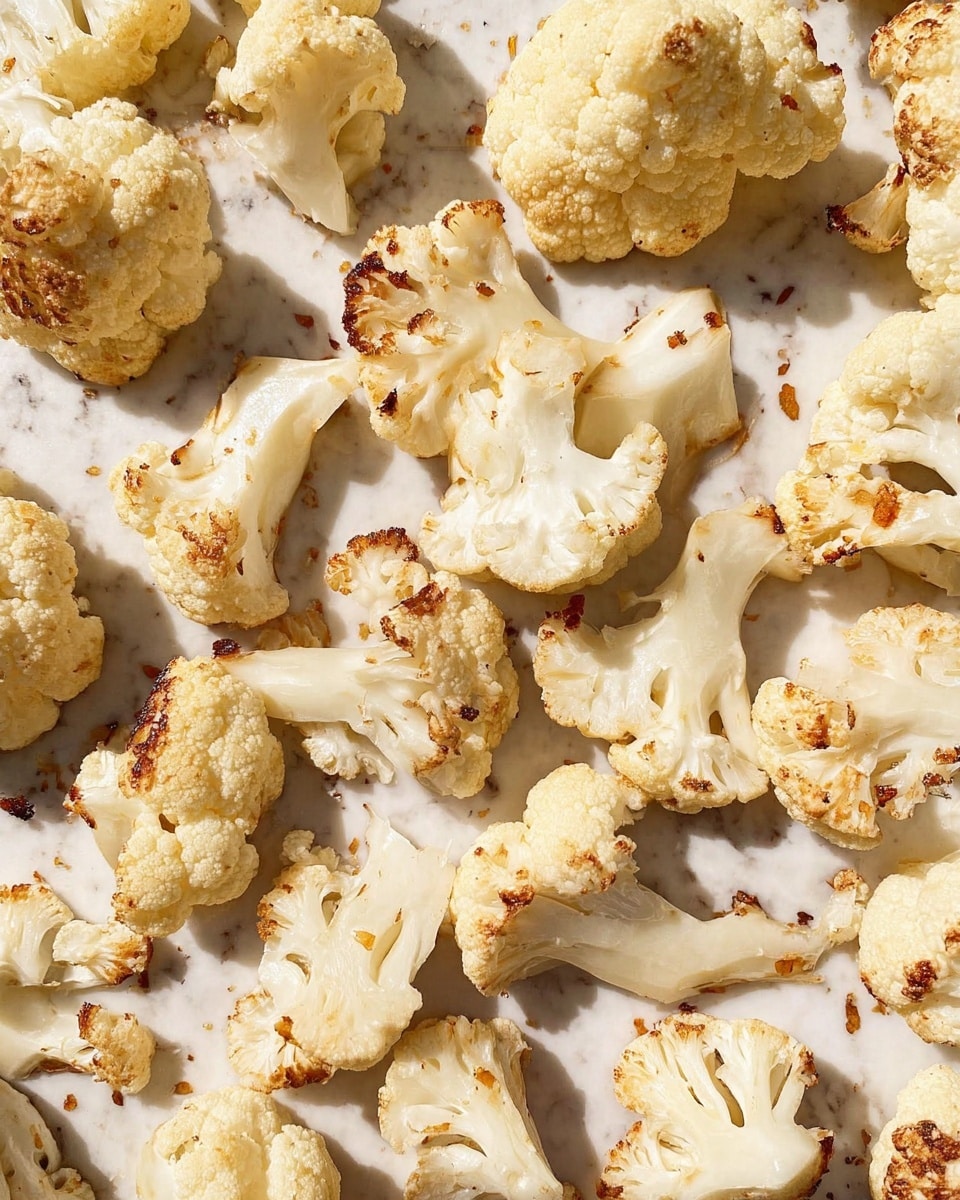 The image shows many pieces of roasted cauliflower spread out on a white marbled textured surface. There are about 20 pieces, each with a light creamy color and browned, slightly crispy edges from roasting. The cauliflower pieces vary in size and shape, some are small florets while others are larger slices showing the inner white and soft texture. They are scattered randomly but cover most of the surface, with some parts showing small bits of seasoning or char. The lighting is bright and natural, highlighting the browned spots and the soft texture of the cauliflower. photo taken with an iphone --ar 4:5 --v 7
