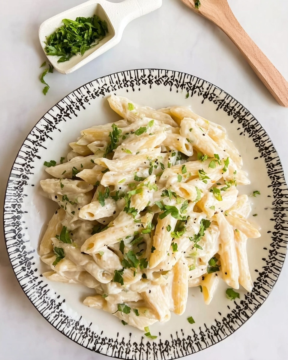 A white plate with black simple patterns around the edge holds a serving of penne pasta coated in a creamy white sauce. The pasta is scattered with small bits of fresh green herbs on top, adding contrast to the pale cream color. Near the plate, a white wooden scoop holds more chopped green herbs. The whole scene is set on a white marbled surface, showing a clean and fresh look. Photo taken with an iphone --ar 4:5 --v 7