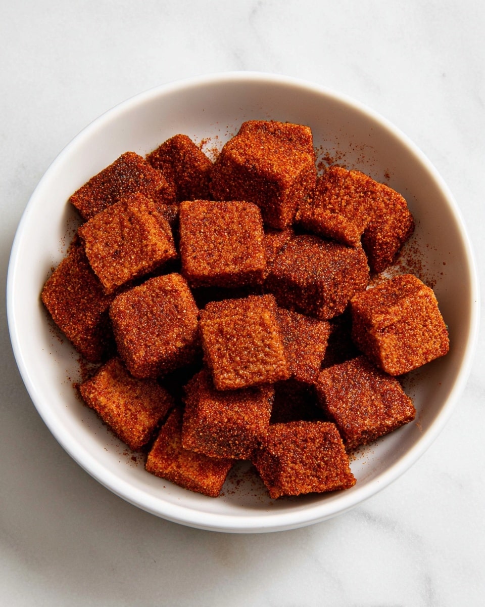 A white bowl filled with about 20 evenly sized square pieces of food, each covered in a reddish-brown spice powder. The pieces have a rough texture with the spice coating visible, and they are piled closely together inside the bowl. The bowl sits on a white marbled surface with no other items present. photo taken with an iphone --ar 4:5 --v 7