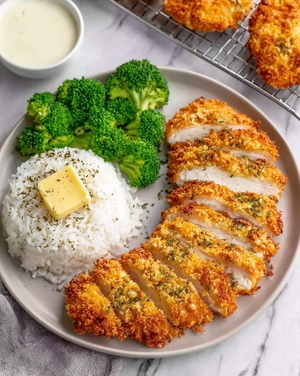 The image shows a round white plate on a white marbled background, with a neatly arranged meal. On the right side of the plate, there are six sliced pieces of golden-brown crispy chicken with a crunchy texture, laid in a fan shape. To the left of the chicken, there is a serving of fluffy white rice topped with a small square of melting butter and a sprinkle of black pepper. Above the rice, there are bright green steamed broccoli florets. Near the top middle of the plate, a small white bowl filled with creamy white sauce is placed. In the background on a cooling rack, two more pieces of the golden-brown crispy chicken are visible. Photo taken with an iphone --ar 4:5 --v 7