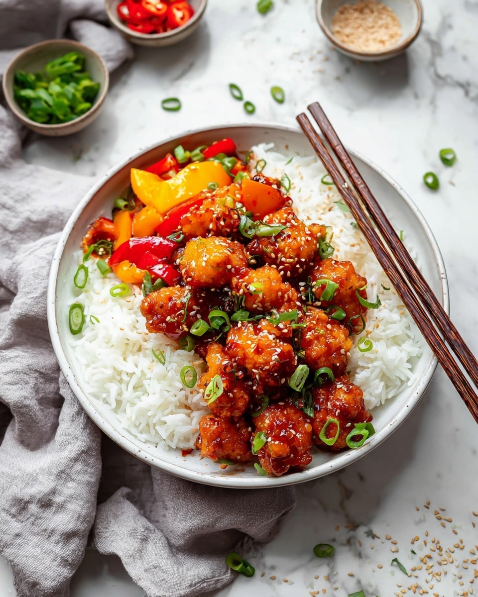 A white bowl filled halfway with white rice on the right side, with golden brown fried chicken pieces coated in a shiny reddish-orange sauce mixed with bright yellow and red bell peppers piled on the left side on top of the rice, sprinkled with small white sesame seeds and chopped green onions. Two brown wooden chopsticks rest on the right edge of the bowl, angled slightly into the rice. The bowl sits on a light gray cloth on top of a white marbled surface scattered with a few green onion slices and sesame seeds. Small bowls with red chili slices and green peppers are partially visible in the background. Photo taken with an iphone --ar 4:5 --v 7