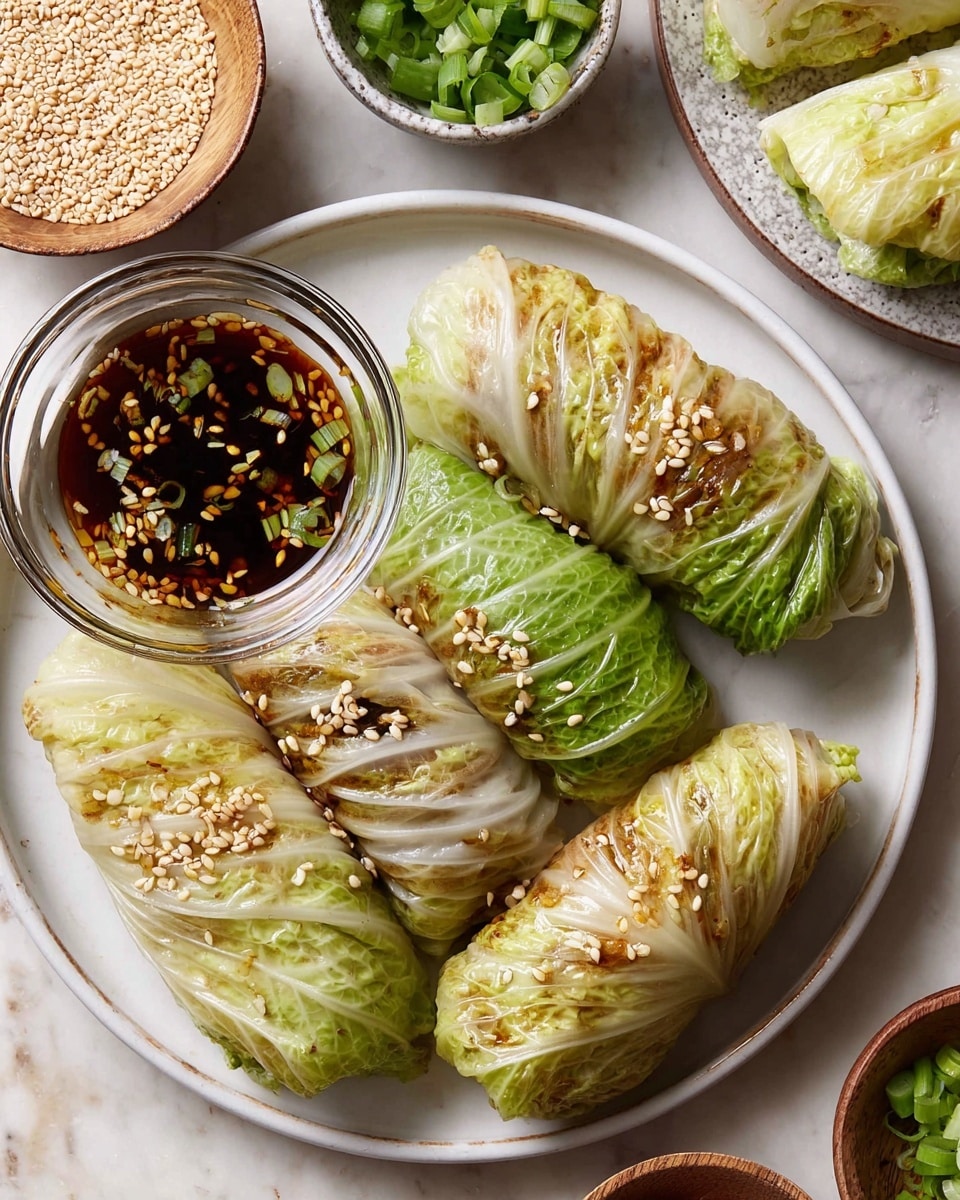 The image shows five cabbage rolls with light green and white leaves wrapped tightly in layers, placed on a white plate. The cabbage leaves have a slightly glossy texture with some browned spots, and the rolls are sprinkled with small white sesame seeds on top. To the left side of the plate, there is a small clear glass bowl filled with a dark soy-based dipping sauce that has floating sesame seeds and chopped green onions. The whole setup is on a white marbled surface, with small bowls of sesame seeds and fresh chopped green onions nearby. Photo taken with an iphone --ar 4:5 --v 7