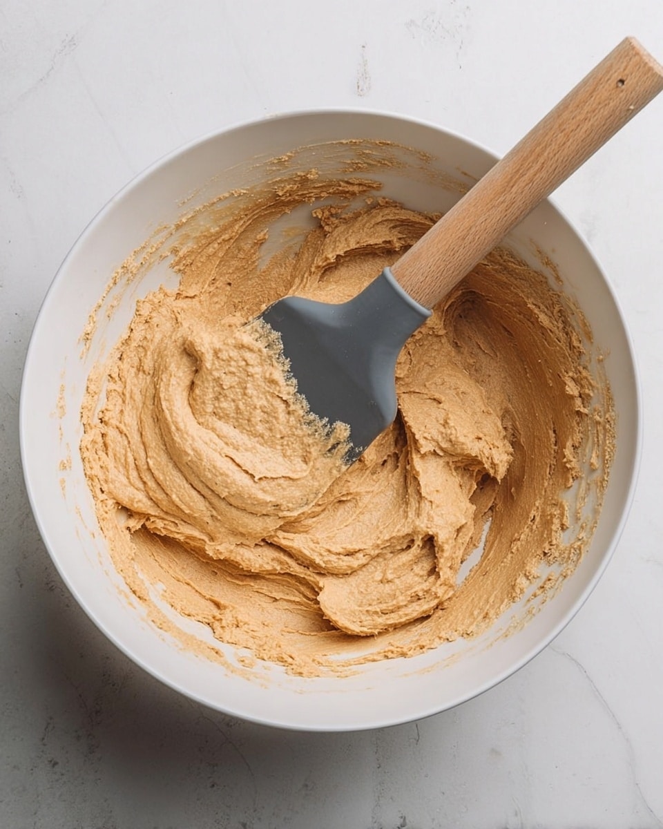 A white bowl filled with a thick, creamy light brown dough or batter that has a smooth and slightly textured surface. A spatula with a wooden handle and a dark gray silicone blade rests inside the bowl, partially covered with the batter. The bowl sits on a white marbled surface, adding a clean and bright background to the scene. photo taken with an iphone --ar 4:5 --v 7