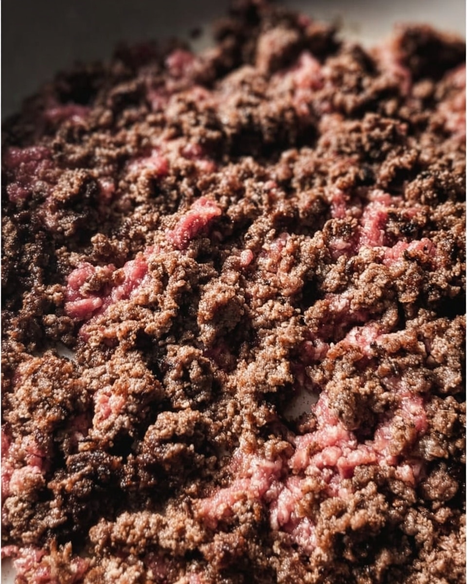 Close-up of cooked ground beef in a white pan, showing uneven brown and some pinkish parts with a rough, crumbly texture spread across the pan. The beef pieces are irregular in shape and cover most of the pan surface. Photo taken with an iphone --ar 4:5 --v 7