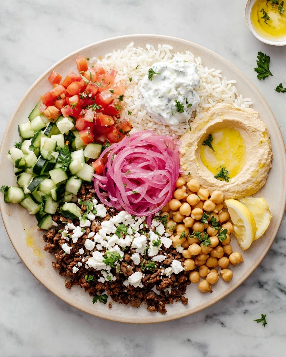 A white plate holds six distinct layers of food arranged in a circle on a white marbled surface: at the top is a layer of plain white rice with separate grains; to the right, a smooth creamy beige hummus with a small wedge of lemon and green parsley beside it; below the hummus, thin, curly slices of reddish-pink pickled onion; along the bottom, cooked ground beef mixed with whole light brown chickpeas and sprinkled with crumbled white feta cheese; to the left of this, a colorful cucumber and tomato salad with green cucumber cubes and red tomato pieces, also topped with white feta; in the middle of the plate, a dollop of light creamy white tzatziki with visible green herbs and a drizzle of olive oil. Photo taken with an iphone --ar 4:5 --v 7