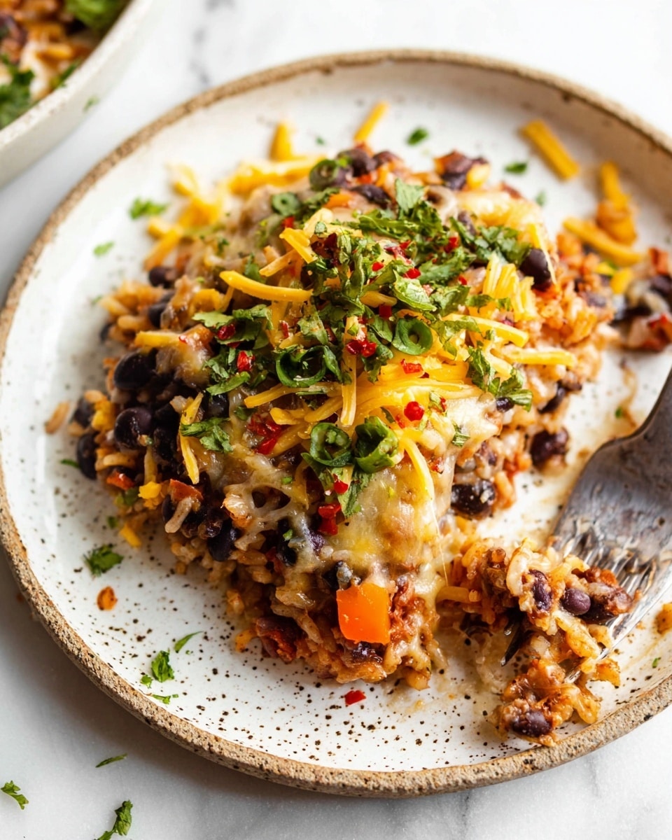 The image shows a close-up of a layered dish on a white plate with a speckled edge, placed on a white marbled surface. The dish has a base layer of rice mixed with black beans and small pieces of meat, covered by a melted cheese layer that holds the ingredients together. On top, there are finely chopped green herbs, diced orange bell peppers, shredded white and yellow cheese, and small chili flakes sprinkled throughout for color and texture. A fork rests partially under the food on the right side, with bits of food scattered around it. The bright colors and textures create a warm, inviting look, with a slight shine on the cheese and freshness in the herbs. Photo taken with an iphone --ar 4:5 --v 7