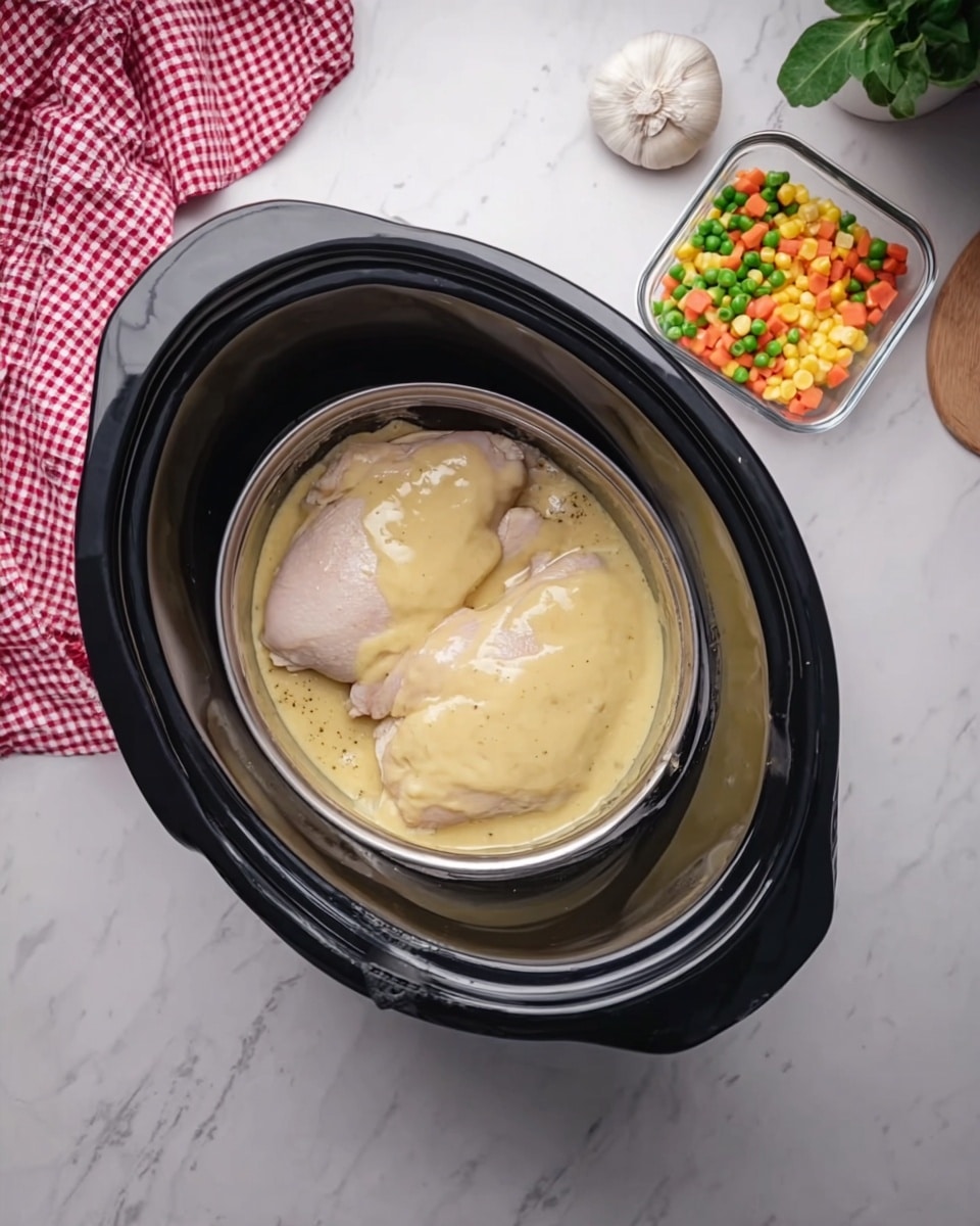 Inside a black slow cooker on a white marbled surface, there are two raw chicken pieces laid flat at the bottom of a round silver metal tray. A thick light yellow sauce covers nearly half of the chicken on the right side. Next to the slow cooker, on the right, sits a small clear container with mixed corn, peas, and carrots. A white garlic bulb and a small white pot with green leafy plants are also visible. A red and white checkered cloth rests to the left of the cooker. photo taken with an iphone --ar 4:5 --v 7