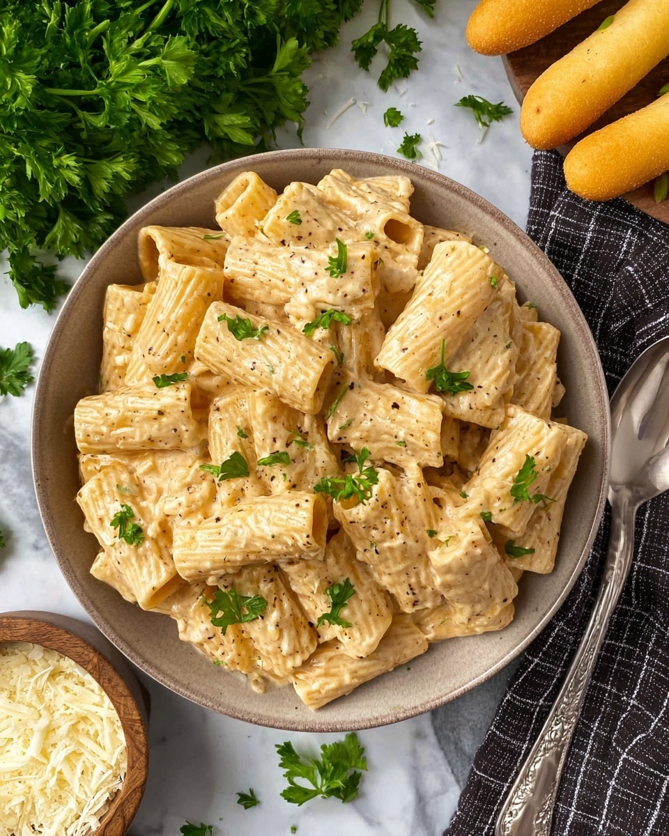The image shows a bowl filled with rigatoni pasta covered in a creamy, light beige sauce, garnished with small green parsley leaves sprinkled on top. The pasta has a slightly glossy texture, and the sauce looks thick and smooth with tiny visible specks of seasoning. The bowl is positioned on a white marbled surface with fresh green parsley in the upper left corner and a small bowl of grated cheese to the left. Two golden brown breadsticks rest on a dark checkered cloth in the upper right corner of the image. A silver spoon with a detailed handle is placed partially under the bowl on the bottom right. The overall scene has a fresh and appetizing look. photo taken with an iphone --ar 4:5 --v 7