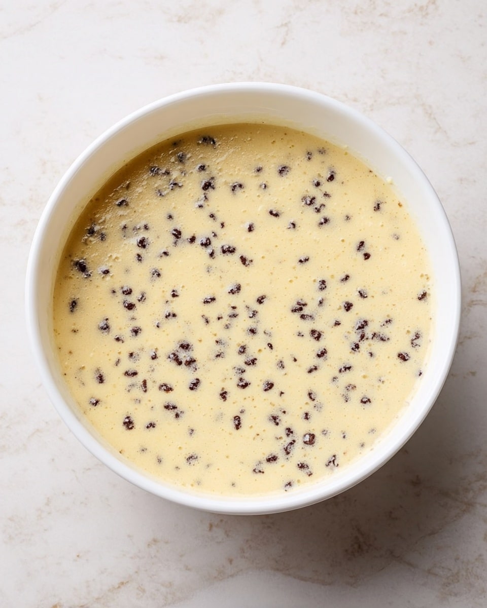 A top view of a white bowl filled with a pale yellow batter mixed with small dark chocolate chips spread evenly throughout. The batter has a smooth yet slightly bubbly texture, sitting on a white marbled surface. Photo taken with an iphone --ar 4:5 --v 7