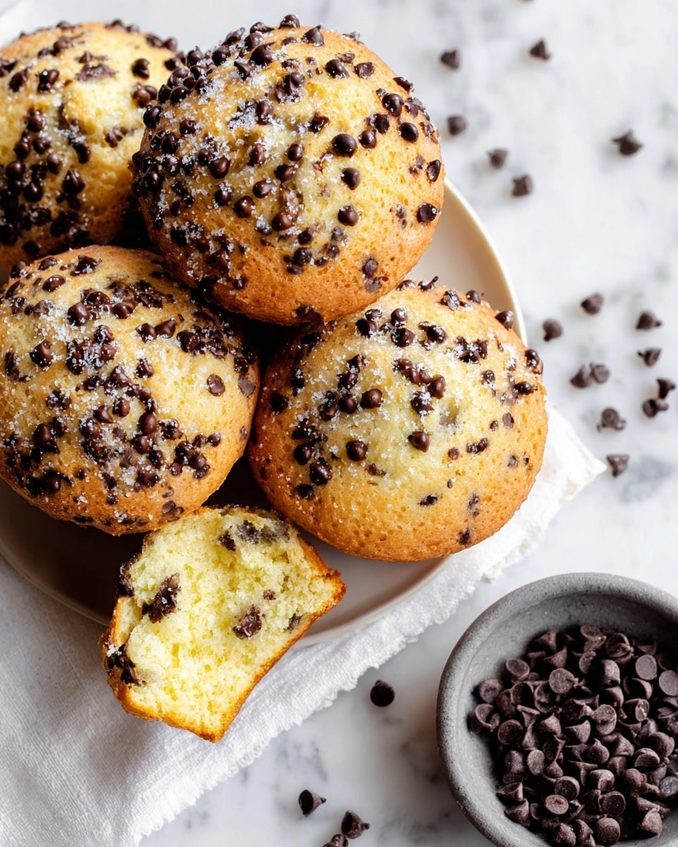 A close-up view of four chocolate chip muffins arranged closely on a white plate with a white cloth underneath, the muffins are golden brown with a slightly rough texture and are generously topped with small dark chocolate chips and sugar crystals; one muffin is partially broken to show a soft, crumbly yellow inside studded with many tiny chocolate chips. To the right of the plate, there is a small gray bowl filled with dark chocolate chips, and more chocolate chips are scattered on a white marbled surface. photo taken with an iphone --ar 4:5 --v 7