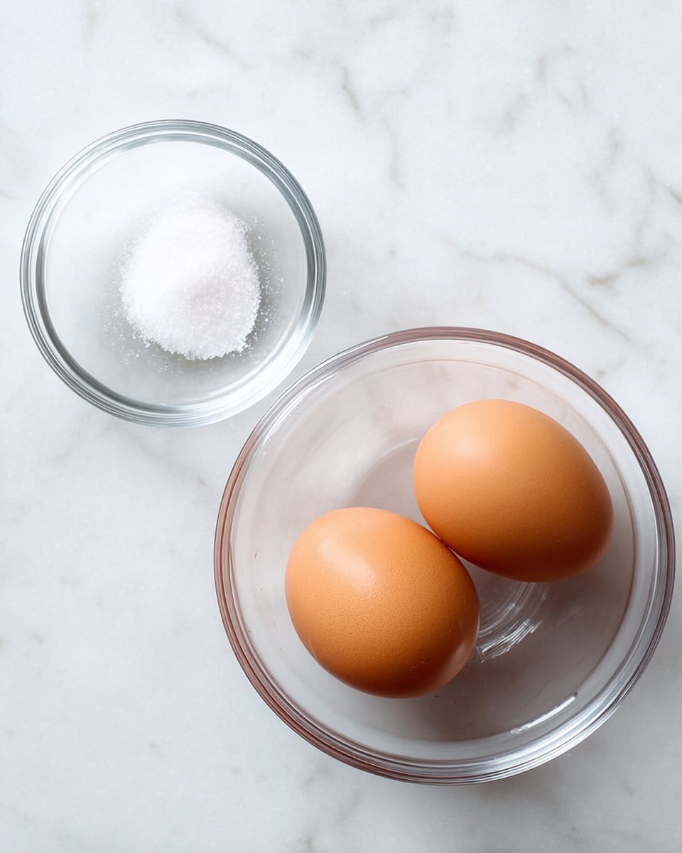 The image shows two clear glass bowls placed on a white marbled surface. The larger bowl holds two smooth, brown eggs resting close together, with a shiny texture reflecting light softly. To the left, a smaller clear glass bowl contains a small amount of white salt that looks fine and slightly piled in the center. The scene is simple and clean, focusing on the natural colors and textures of the eggs and salt. photo taken with an iphone --ar 4:5 --v 7