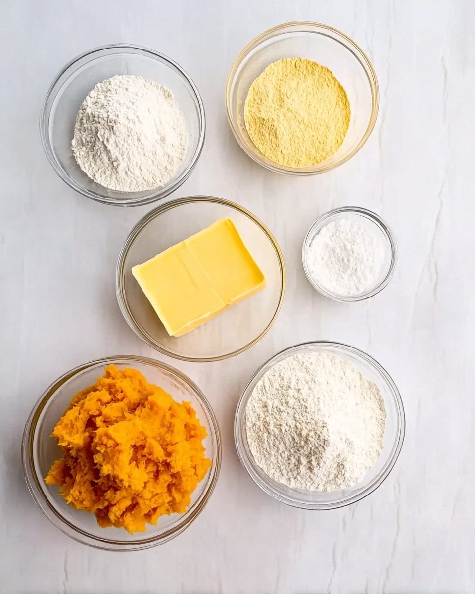 The image shows six clear glass bowls placed on a white marbled surface. The top left bowl contains a white powdery ingredient, likely flour. Below it, another bowl holds a light yellow powdery ingredient, possibly sugar. The bottom left bowl has a yellow solid block resembling butter. In the center right is a bowl filled with bright orange mashed pumpkin. Above it to the top right is a small bowl with fine white powder, possibly baking powder or salt. The bottom right bowl contains a large amount of white flour. The arrangement creates a neat layout of ingredients on the white marbled surface. Photo taken with an iphone --ar 4:5 --v 7