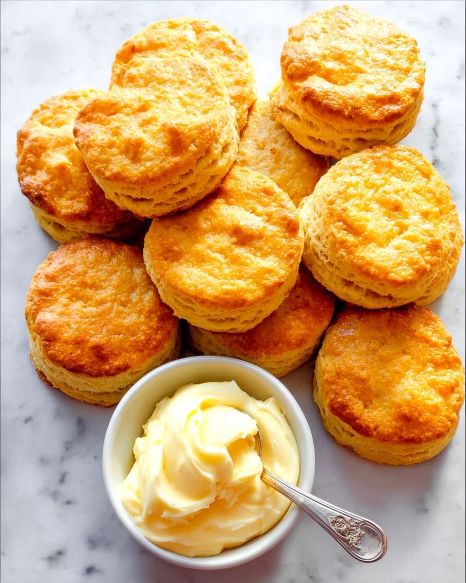 The image shows a circle of golden-brown biscuits with a shiny, slightly crisp top layer, and a soft, textured middle and bottom layer that looks fluffy and light. In the center of the circle is a white bowl filled with smooth, pale yellow butter or cream, with a small silver spoon resting inside it. The background is a white marbled texture with a clean, bright look. photo taken with an iphone --ar 4:5 --v 7