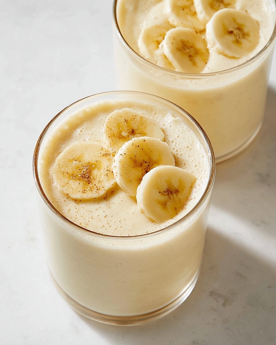 Two clear glass cups filled with a creamy, pale yellow smoothie that has a frothy texture on top. Each cup is garnished with three banana slices placed flat on the surface, showing the soft, slightly brown speckled centers. The cups are set on a white marbled surface. The light is soft and natural, highlighting the smooth texture of the smoothie and the fresh look of the banana slices. photo taken with an iphone --ar 4:5 --v 7