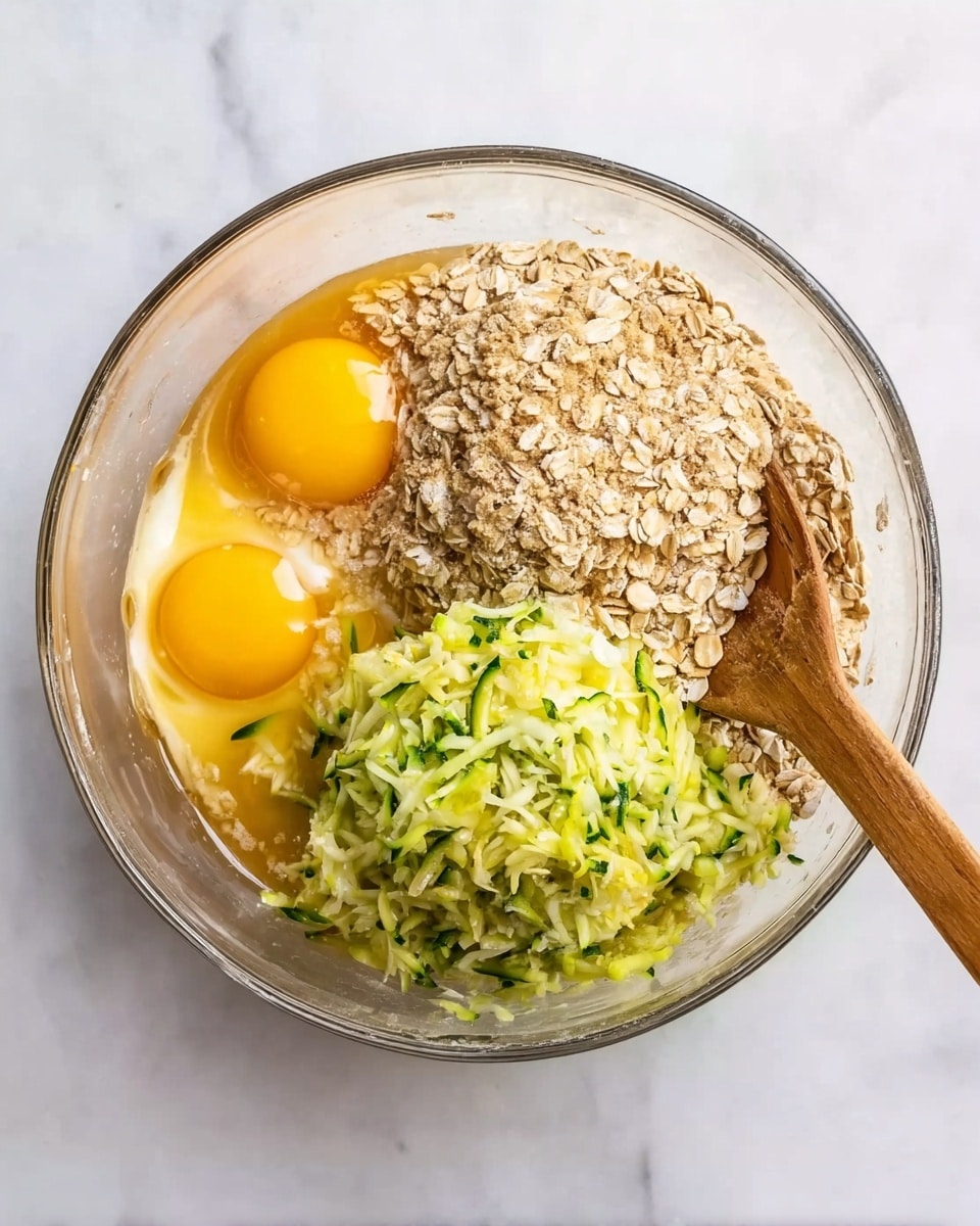A clear glass bowl sits on a white marbled surface filled with ingredients ready to be mixed. The bowl has three main layers: on the left, there are two raw eggs with bright yellow yolks and clear whites; on the right side, a large pile of dry, light brown oats with a coarse texture fills most of the space; and on top of the oats, there is a mound of shredded green zucchini, moist and fresh-looking. A wooden spoon rests inside the bowl among the ingredients, ready to stir. The photo taken with an iphone --ar 4:5 --v 7