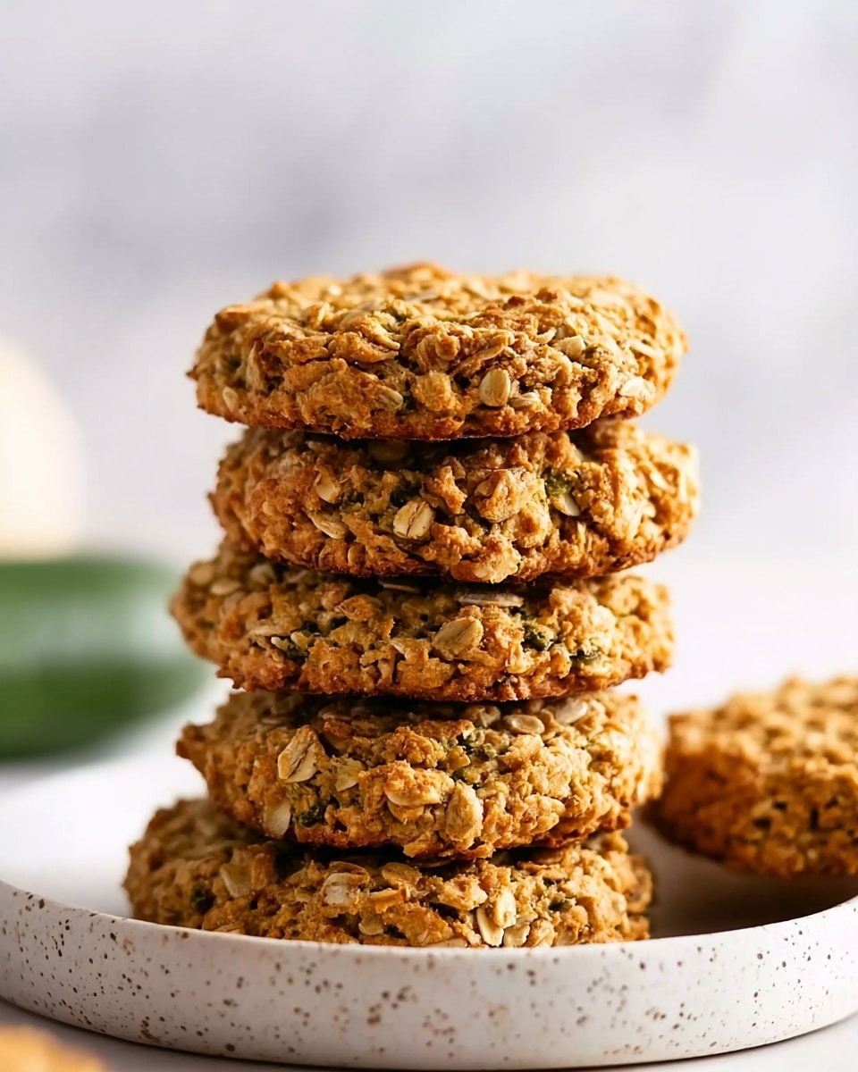 The image shows a stack of five round oatmeal cookies with a rough and crumbly texture, each cookie layered closely on top of the other. The cookies are golden brown with visible oats and small green bits scattered throughout. The stack is placed on a white speckled plate which is set on a white marbled surface. In the background, there is a soft, blurry green shape, possibly a vegetable or plant, adding a hint of color contrast. The lighting is natural and soft, highlighting the crunchy texture of the cookies. photo taken with an iphone --ar 4:5 --v 7