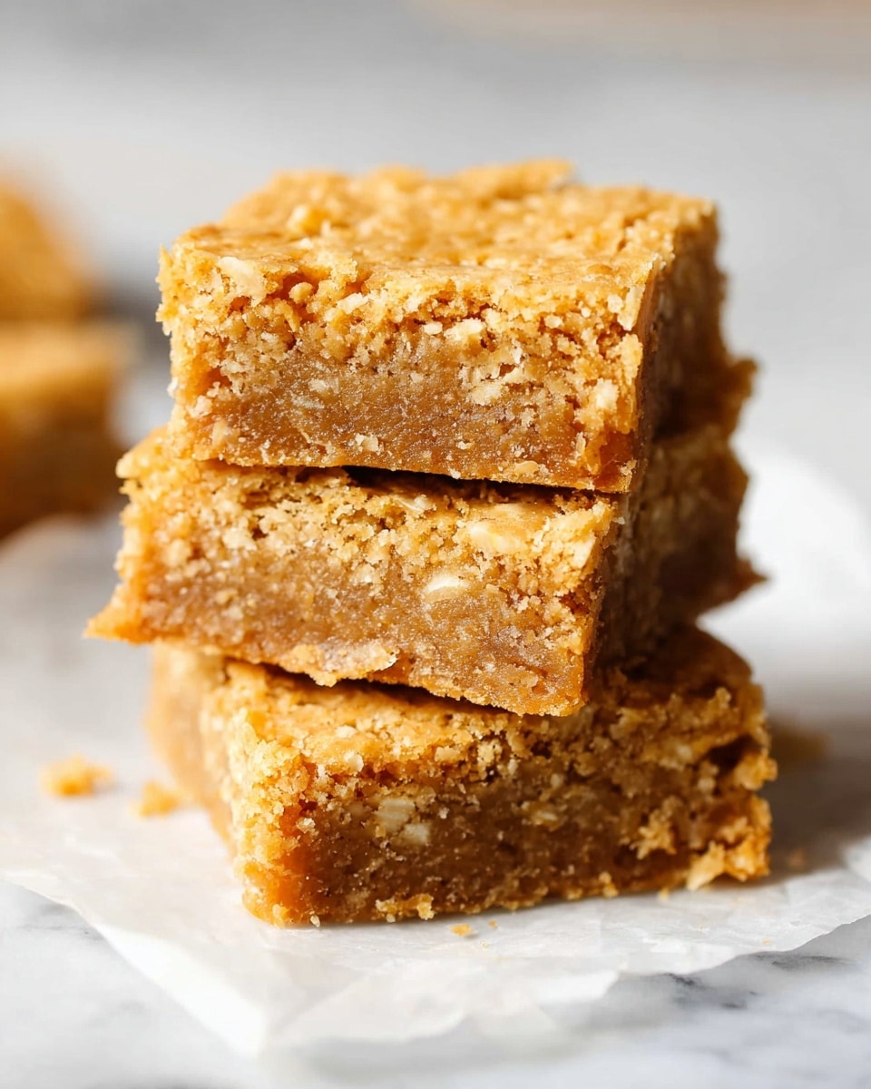 The image shows three golden brown squares stacked on top of each other, each with a crumbly and textured surface that looks dense and moist inside. The top layer is slightly raised and rough with small cracks, while the middle and bottom layers show a chewy, slightly sticky inside with small bits of oats or nuts embedded, giving a grainy appearance. The stack sits on a piece of white parchment paper against a white marbled surface, with soft lighting highlighting the crumbly edges and inside texture. photo taken with an iphone --ar 4:5 --v 7