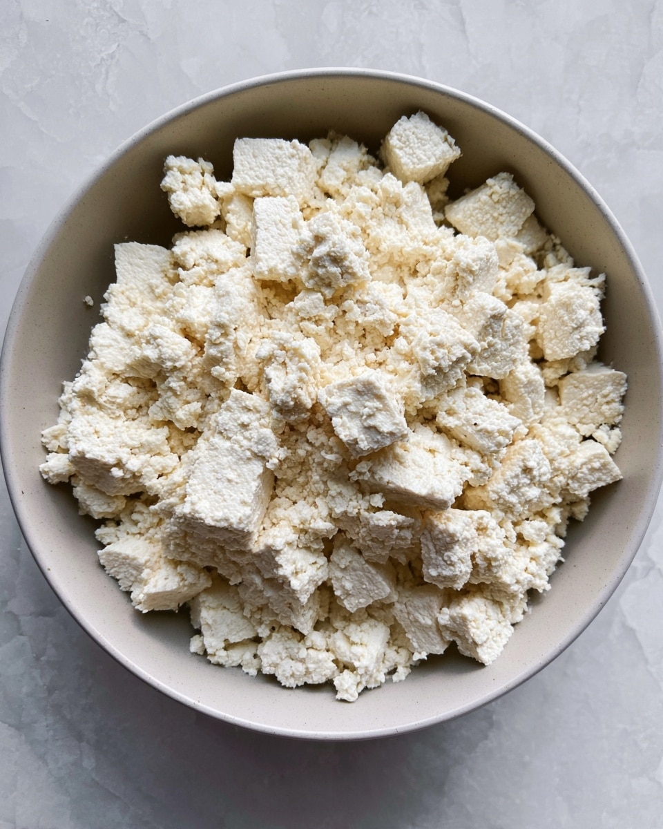 A close-up view of a bowl full of crumbly white tofu with small and larger chunks. The bowl is white and placed on a white marbled surface. The tofu pieces have a rough, grainy texture and fill the bowl almost to the brim. photo taken with an iphone --ar 4:5 --v 7