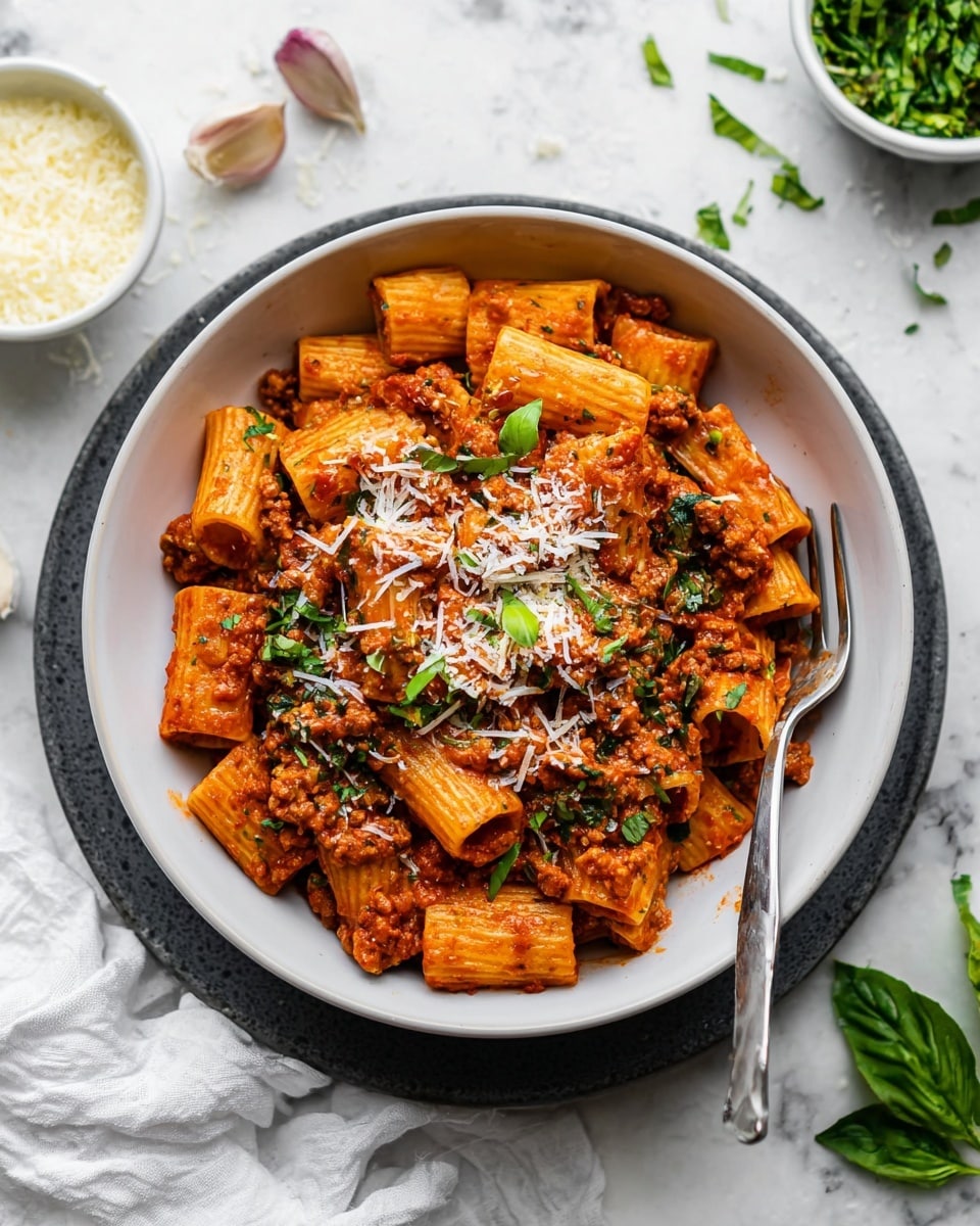 A white bowl filled with rigatoni pasta mixed with a thick orange-red sauce containing small pieces of ground meat and bits of green leafy herbs, topped with shredded white cheese and fresh chopped green basil scattered on top, a metal fork resting inside the bowl on the right side, all set on a dark plate placed on a white marbled surface with scattered garlic cloves and a white cloth nearby, in the background a small white bowl of grated cheese and another bowl with chopped leafy herbs. photo taken with an iphone --ar 4:5 --v 7