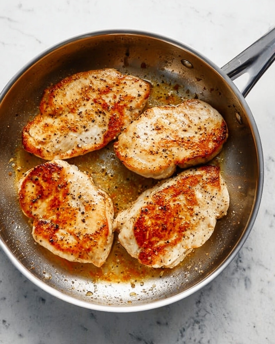 The image shows four cooked chicken fillets in a shiny silver pan. Each fillet is golden brown with some darker spots, and you can see some black pepper sprinkled on them. The texture looks slightly crispy on the outside. The pan has a handle on one side and is placed on a white marbled surface. The lighting is bright and natural, highlighting the colors and textures of the chicken fillets photo taken with an iphone --ar 4:5 --v 7