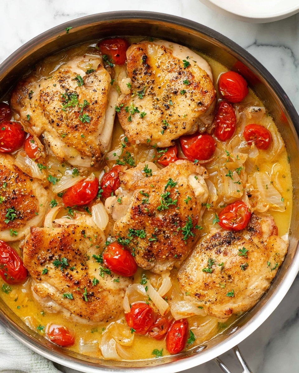 The dish shows six cooked chicken pieces in a large silver pan, with a light golden-brown color and black pepper sprinkled on top. Scattered among the chicken are soft, translucent onion pieces and bright red cherry tomato halves, with a few fresh green herbs sprinkled over everything. A golden sauce with a slightly shiny texture fills the pan around the chicken and vegetables. The pan is placed on a white marbled surface with a white bowl partially visible in the top right corner. Photo taken with an iphone --ar 4:5 --v 7
