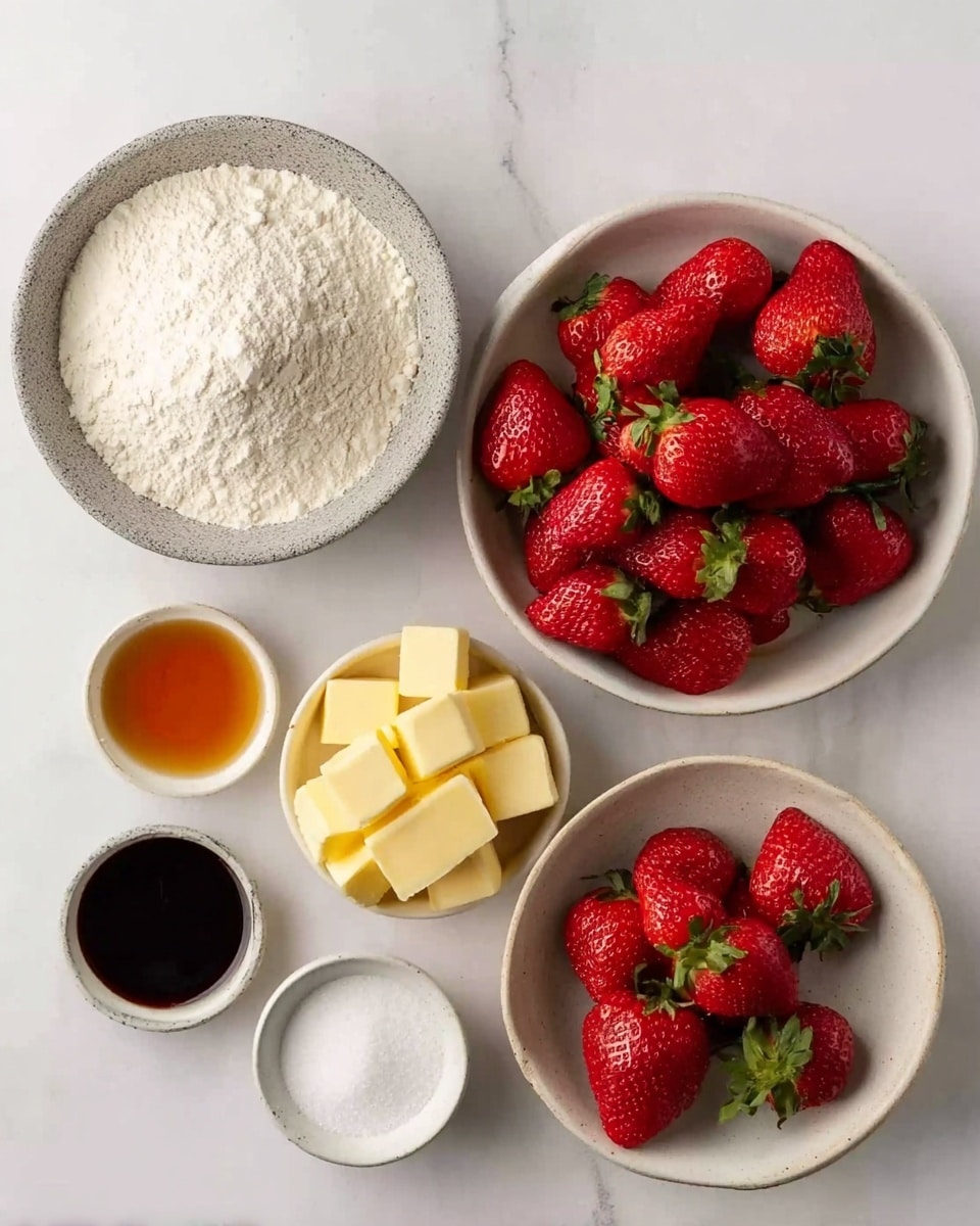 The image shows six containers with ingredients arranged on a white marbled surface. In the top right is a round white bowl filled with fresh, whole red strawberries with green leaves. To its left is another round bowl with a gray speckled edge, filled with white flour. Below the strawberries, there is a small white round bowl holding yellow cubes of butter. To the left of the butter bowl, two small white dishes contain dark brown vanilla extract and light amber honey, respectively. A small white container with white granulated sugar is between the butter and vanilla. The overall arrangement is neat and the colors are bright and natural. Photo taken with an iphone --ar 4:5 --v 7