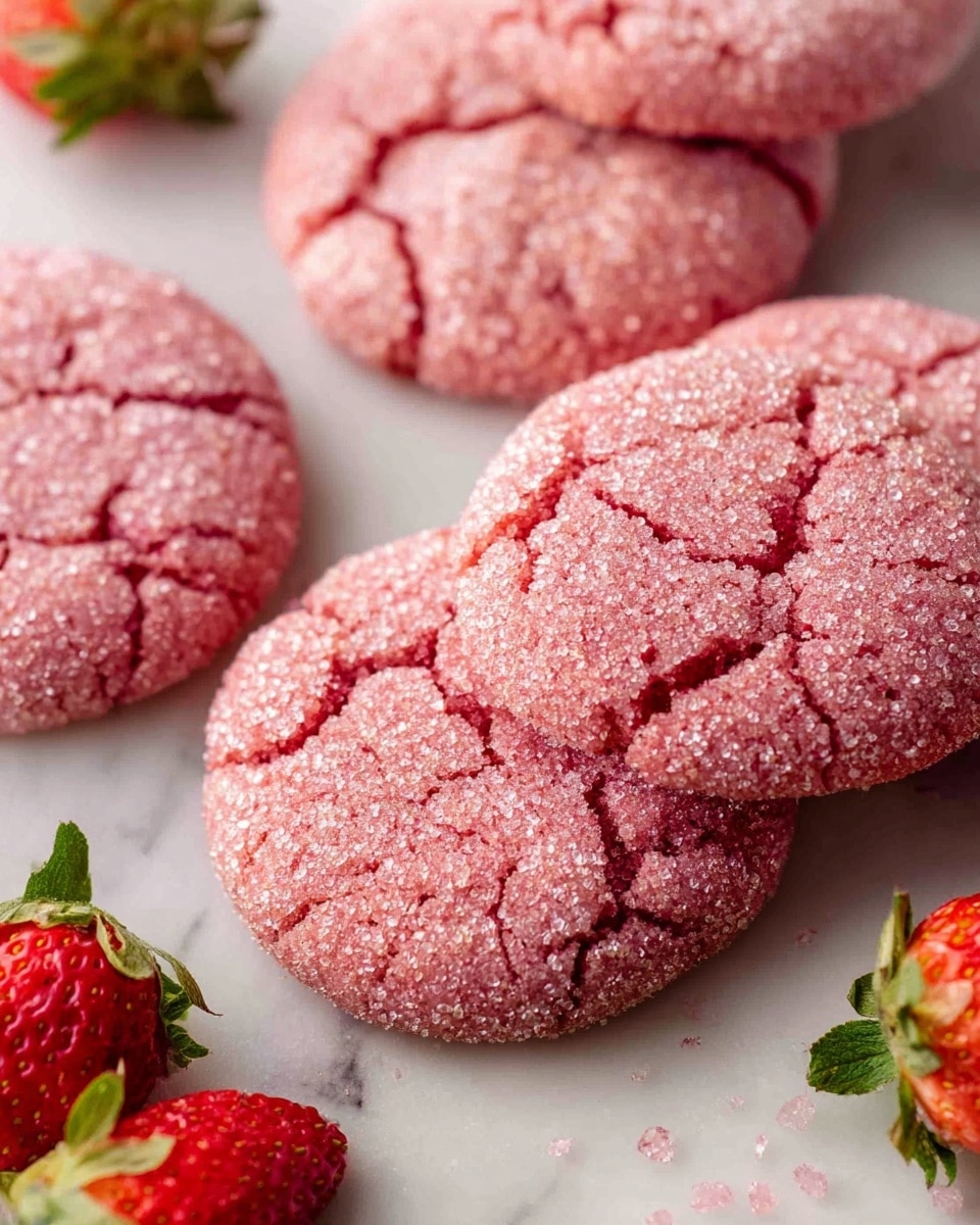 A close-up view of five round pink sugar cookies with a cracked, rough texture and a sparkling sugar coating on top. The cookies are placed on a white marbled surface with two small red strawberries with green leaves scattered around them. The cookies have a soft, crumbly look with small sugar crystals visible on the surface, giving them a slightly glittery effect photo taken with an iphone --ar 4:5 --v 7