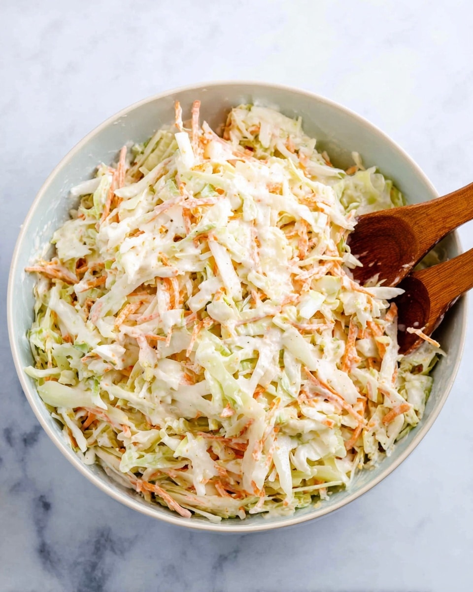 A large white bowl is filled with creamy coleslaw that has three visible layers: a base of finely shredded white cabbage, mixed with shredded orange carrots and thin pieces of green cabbage throughout, all coated in a smooth, light cream-colored dressing. Two wooden spoons rest inside the bowl, partially submerged in the coleslaw, contrasting with the bright vegetables. The bowl is placed on a white marbled surface that adds subtle texture to the background. photo taken with an iphone --ar 4:5 --v 7