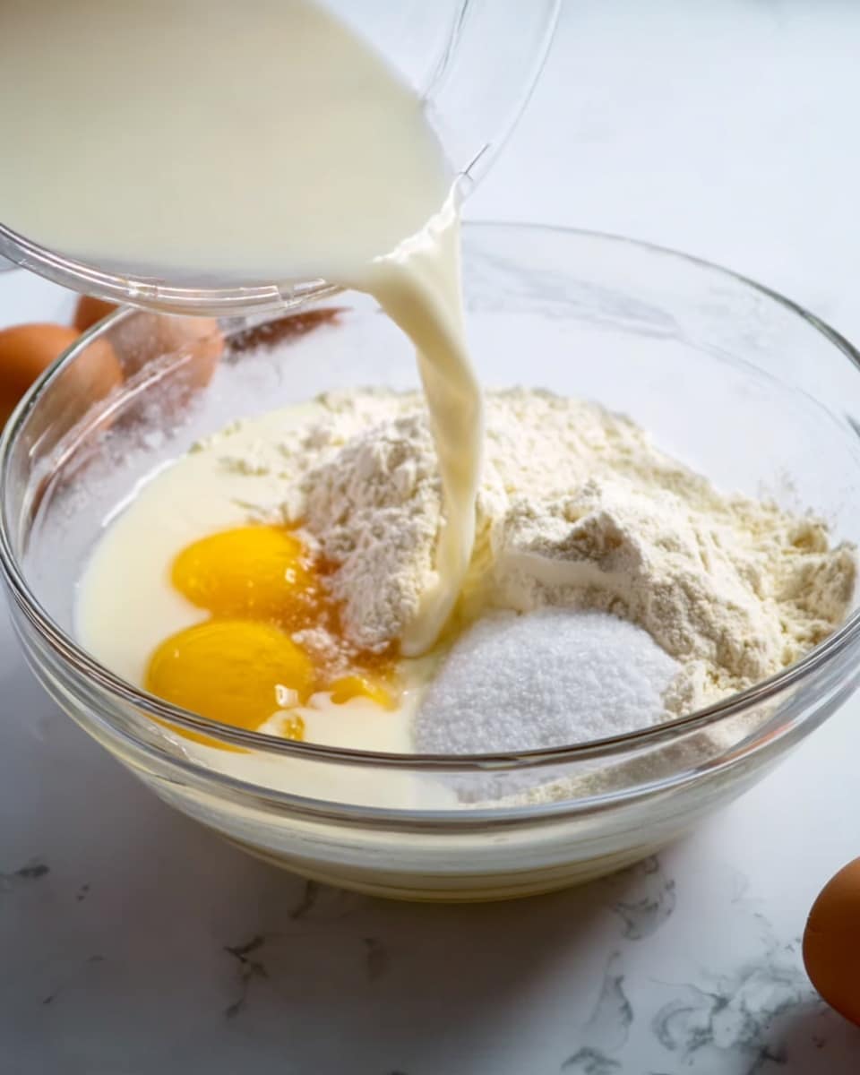 A clear glass bowl sits on a white marbled surface containing several ingredients in layers. At the bottom, there are two yellow eggs, surrounded by white flour on one side and granulated white sugar on the other. Light creamy milk is being poured into the bowl, blending gently with the eggs and dry ingredients. The textures vary from fine powder to smooth liquid, showing the mixing process at an early stage. Photo taken with an iphone --ar 4:5 --v 7