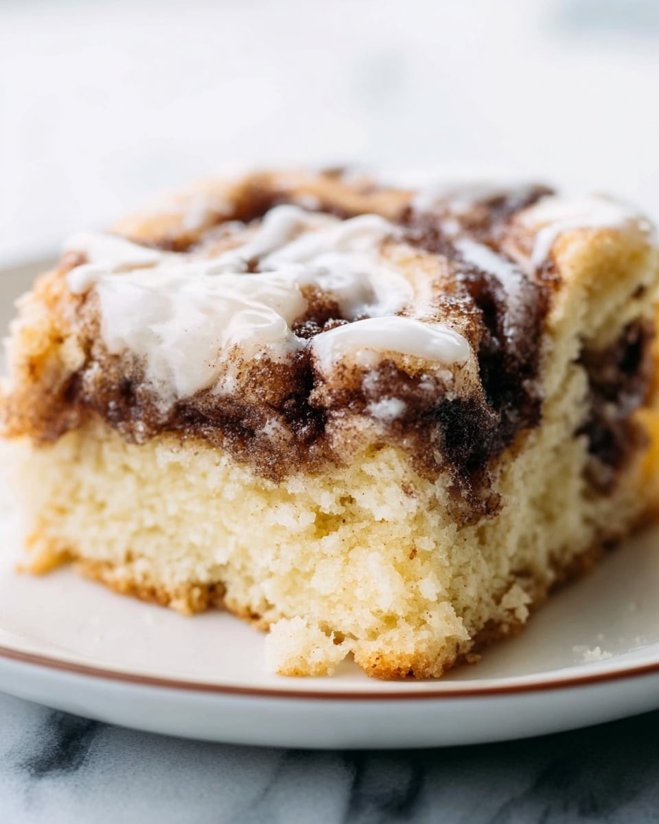 The image shows a close-up of a piece of cinnamon roll cake on a white plate with a thin brown edge. The cake has three visible layers: a light yellow fluffy cake base, a thick swirled middle layer of dark brown cinnamon filling with a slightly crumbly texture, and a top layer covered with shiny white icing that looks smooth and slightly melted. The cake piece is thick and looks soft, with the cinnamon filling unevenly spread creating swirls that contrast with the light cake. The background is a white marbled surface, out of focus, drawing attention to the cake in the front. photo taken with an iphone --ar 4:5 --v 7