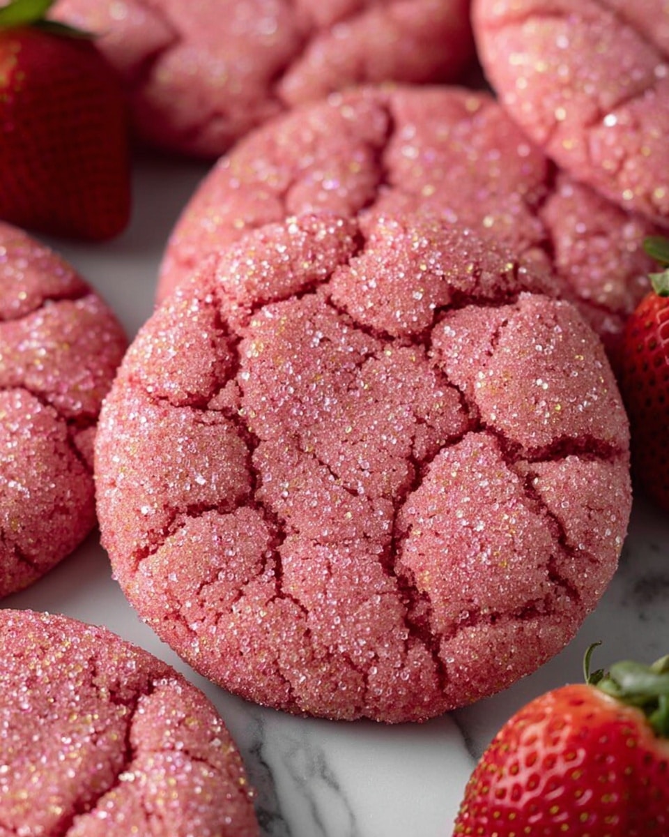 The image shows several round pink cookies covered in coarse sugar crystals, giving them a sparkly texture. Each cookie has a cracked surface with rough patterns, and the pink color is deep and consistent throughout. The cookies are arranged close together on a white marbled surface with some whole strawberries placed beside them for decoration. The lighting highlights the sugary texture and vibrant pink color of the cookies, making them look soft yet slightly crunchy around the edges. photo taken with an iphone --ar 4:5 --v 7