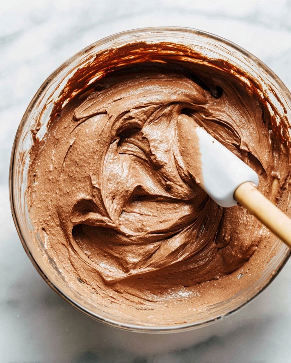 A close-up view of a large clear glass bowl filled with smooth, creamy chocolate batter. The batter has a rich brown color with a slightly shiny texture and soft peaks showing that it is whipped well. A spatula with a white soft tip and a light wooden handle is resting inside the bowl, partially covered with the chocolate mixture. The bowl is placed on a white marbled surface. photo taken with an iphone --ar 4:5 --v 7