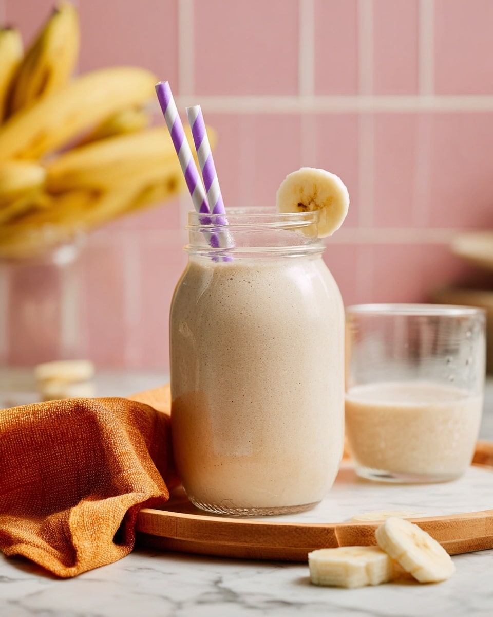 A clear glass jar filled with a thick, light beige smoothie stands in the center, with two purple and white striped paper straws sticking out; a thin round slice of banana is placed on the jar's rim. To the right, there is a short clear glass with some of the same smoothie inside. In the foreground, two banana slices lie on a white marbled surface. A folded orange cloth napkin rests on a light wooden tray, which holds the jar. The background is soft pink tile, and a blurred bunch of bananas is visible behind the glass. Photo taken with an iphone --ar 4:5 --v 7