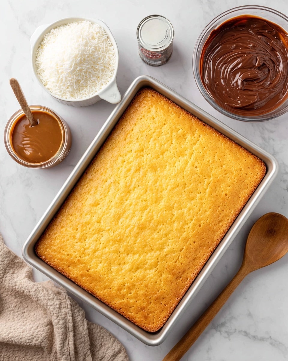 A rectangular golden-yellow cake with a slightly bumpy baked surface rests in a silver baking tray. Around the tray, on a white marbled surface, there is a white measuring cup filled with shredded white coconut, an open can of light cream, a jar of caramel sauce with its lid off, an open container of thick chocolate sauce showing its swirled texture, and a wooden spoon lies next to the tray on the right side. photo taken with an iphone --ar 4:5 --v 7